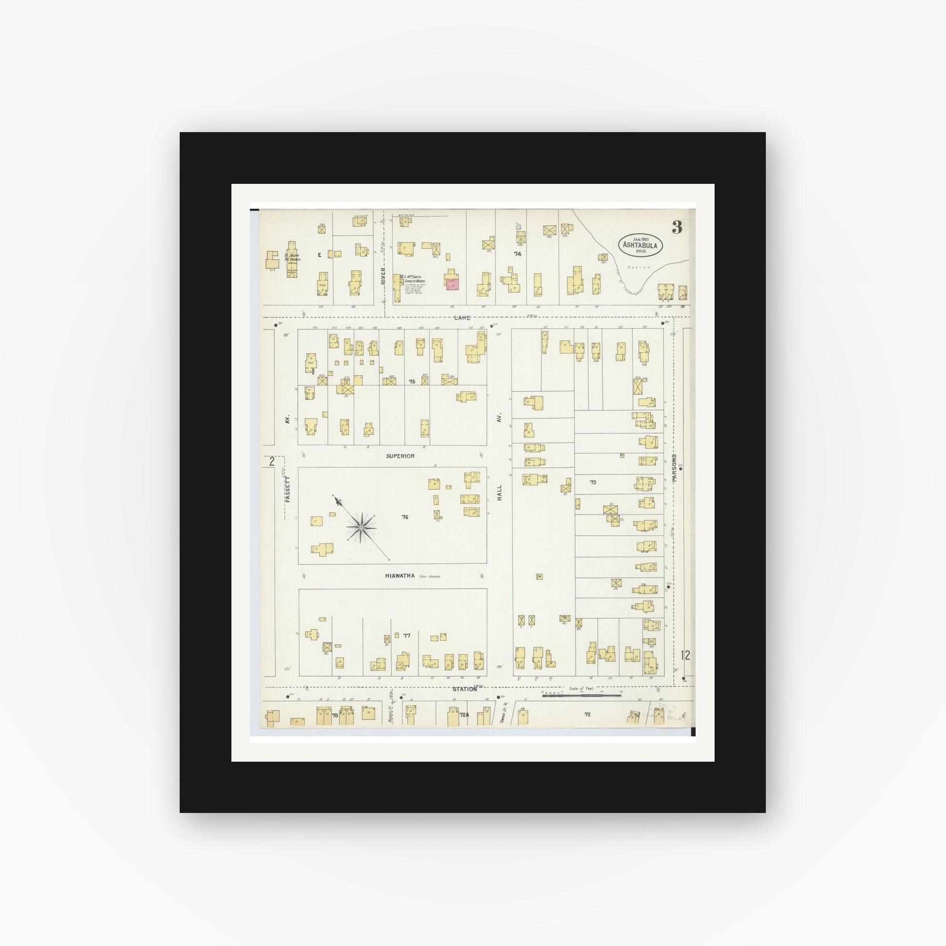 Old map wall art mockup — black gallery frame with white mat — Sanborn Fire Insurance Map from Ashtabula, Ashtabula County, Ohio (1903), Sheet #0003