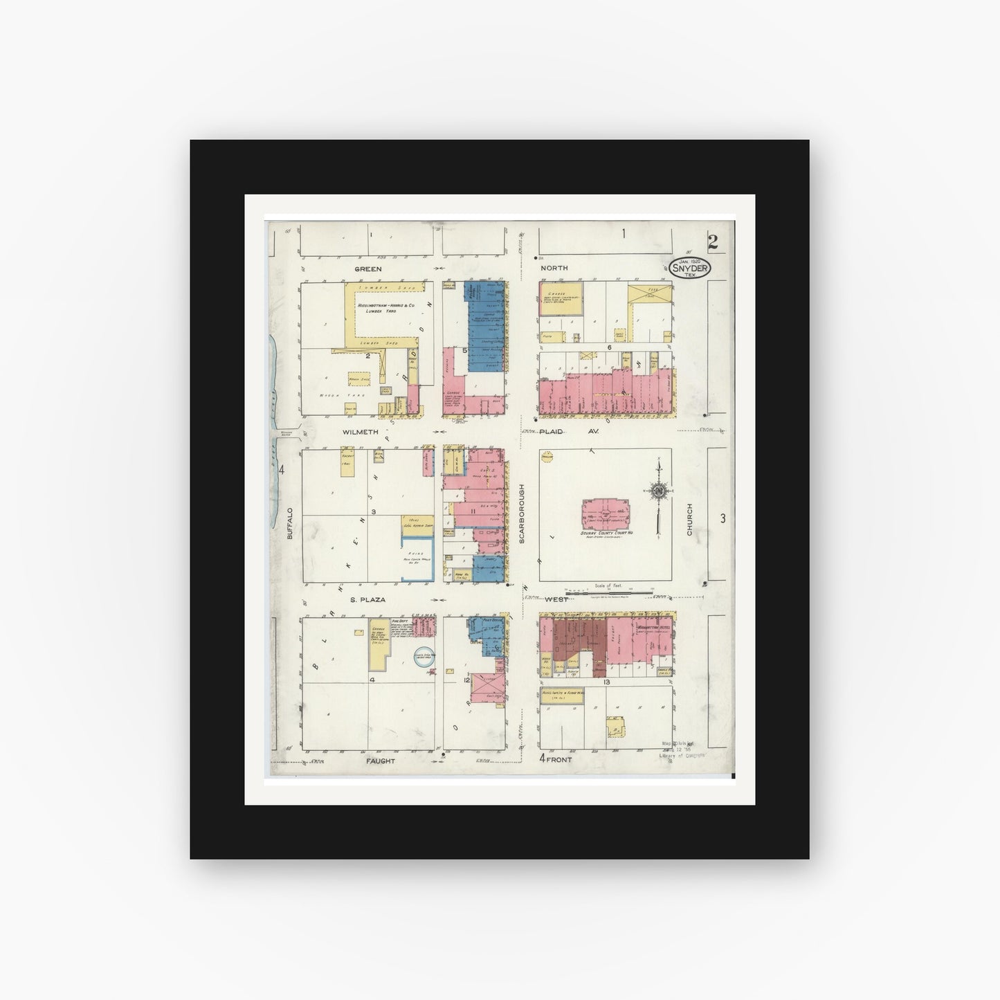 Old map wall art mockup — black gallery frame with white mat — Sanborn Fire Insurance Map from Snyder, Scurry County, Texas (1920), Sheet #0002
