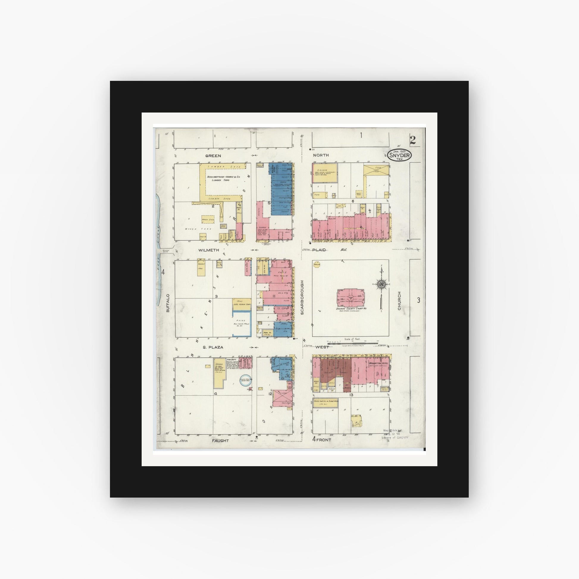 Old map wall art mockup — black gallery frame with white mat — Sanborn Fire Insurance Map from Snyder, Scurry County, Texas (1920), Sheet #0002