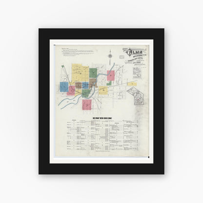 Old map wall art mockup — black gallery frame with white mat — Sanborn Fire Insurance Map from Alma, Gratiot County, Michigan (1917), Sheet #0001
