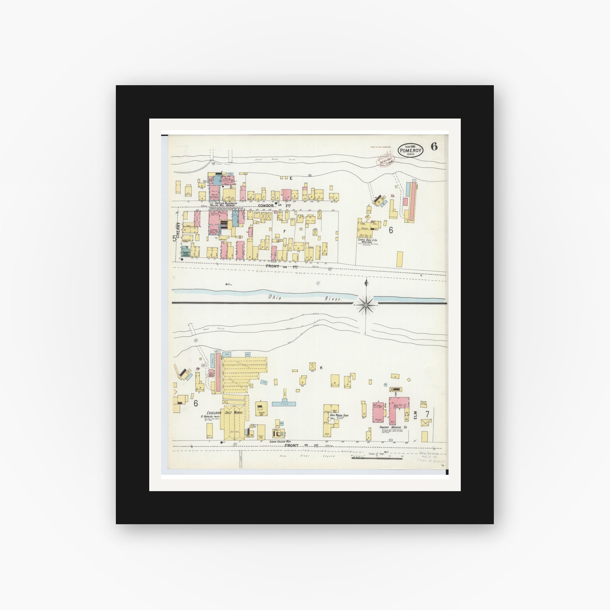 Old map wall art mockup — black gallery frame with white mat — Sanborn Fire Insurance Map from Pomeroy, Meigs County, Ohio (1899), Sheet #0006