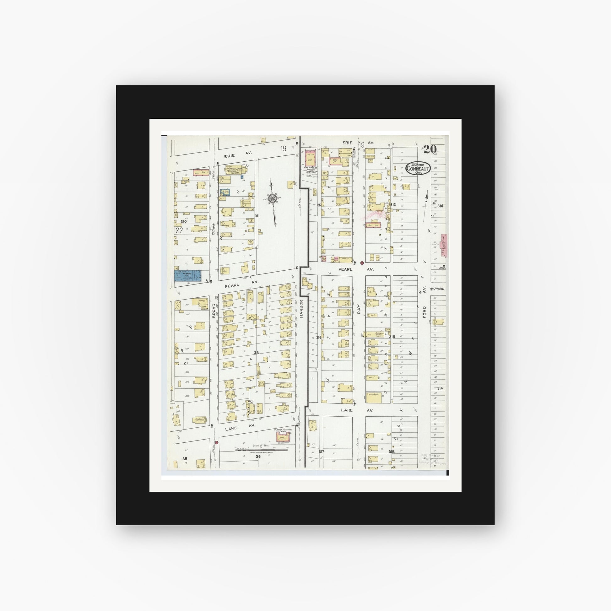 Old map wall art mockup — black gallery frame with white mat — Sanborn Fire Insurance Map from Conneaut, Ashtabula County, Ohio (1919), Sheet #0020