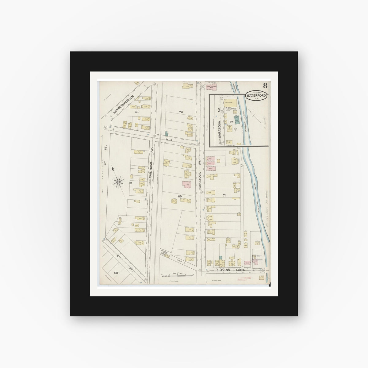 Old map wall art mockup — black gallery frame with white mat — Sanborn Fire Insurance Map from Waterford, Saratoga County, New York (1887), Sheet #0008