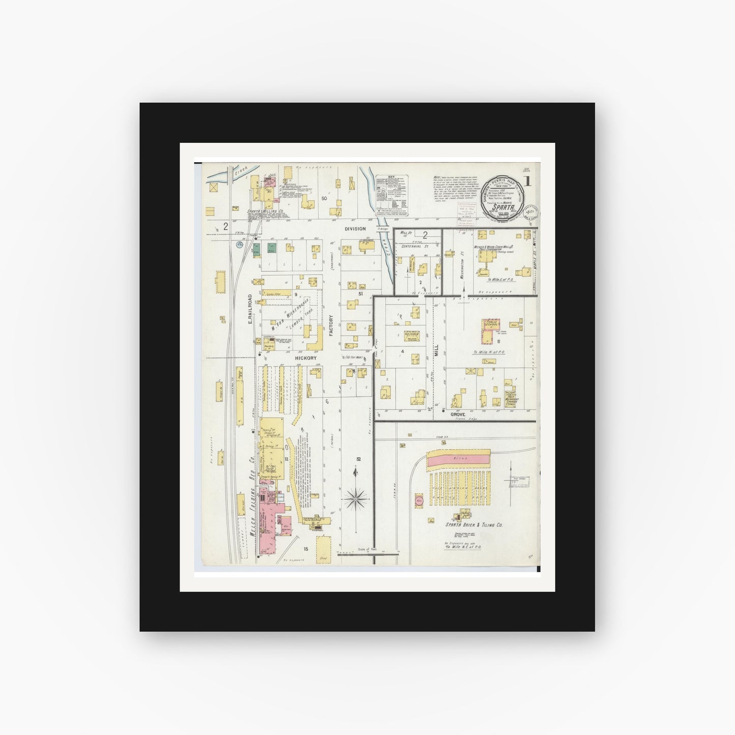 Old map wall art mockup — black gallery frame with white mat — Sanborn Fire Insurance Map from Sparta, Kent County, Michigan (1899), Sheet #0001