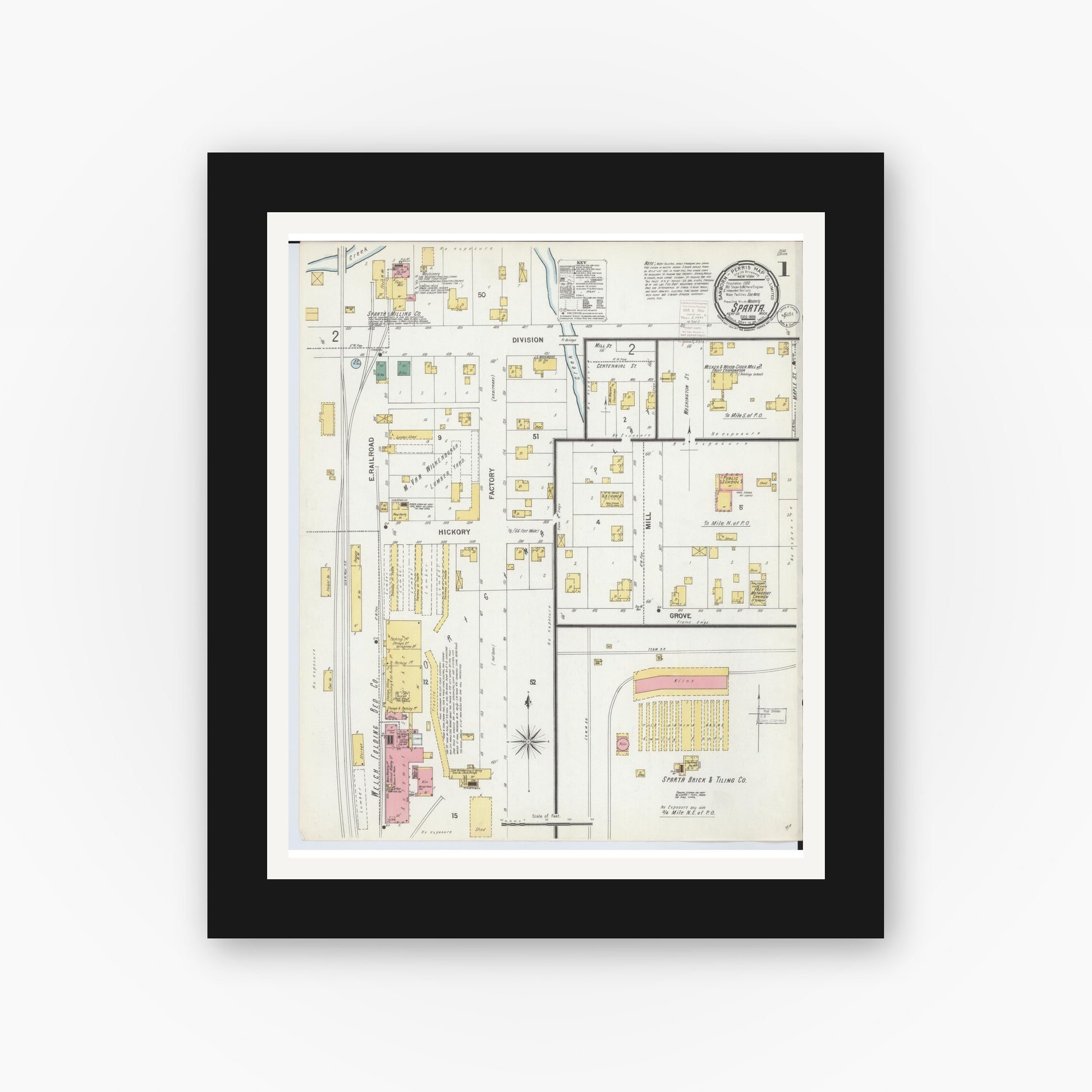 Old map wall art mockup — black gallery frame with white mat — Sanborn Fire Insurance Map from Sparta, Kent County, Michigan (1899), Sheet #0001