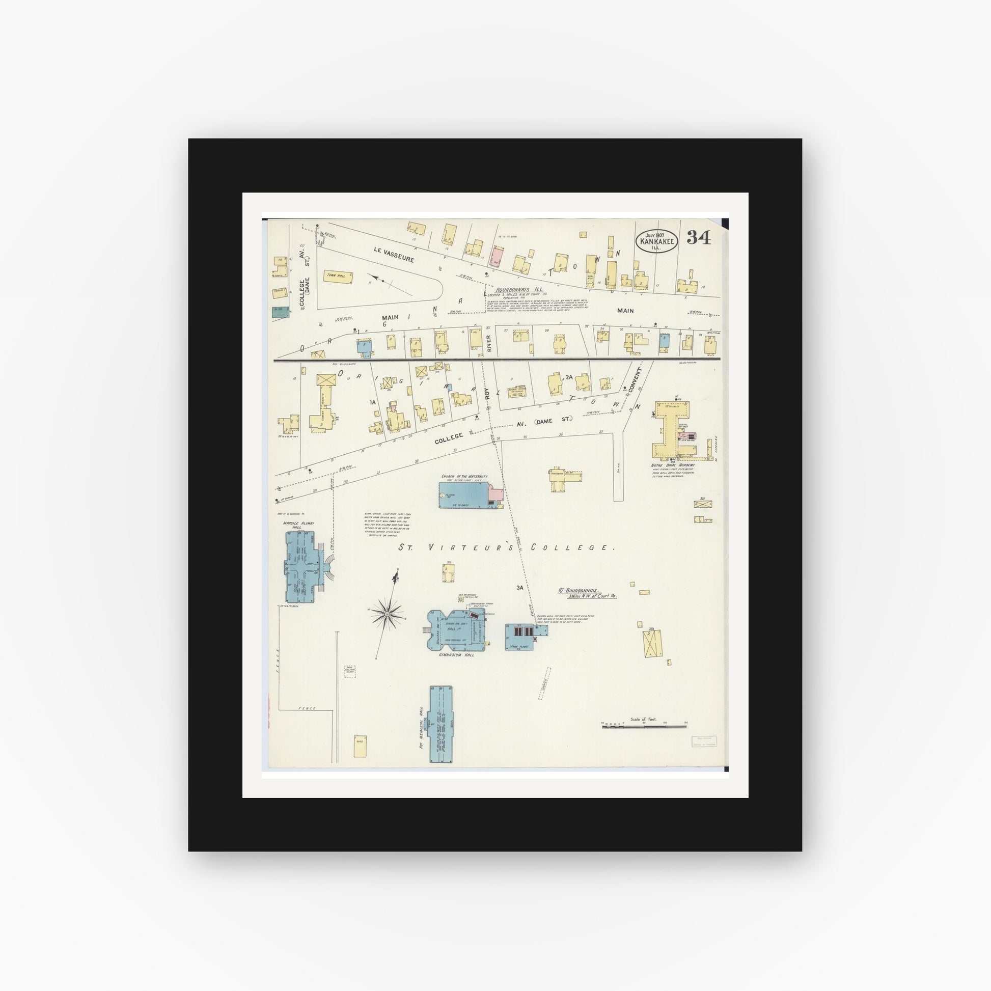 Old map wall art mockup — black gallery frame with white mat — Sanborn Fire Insurance Map from Kankakee, Kankakee County, Illinois (1907), Sheet #0034