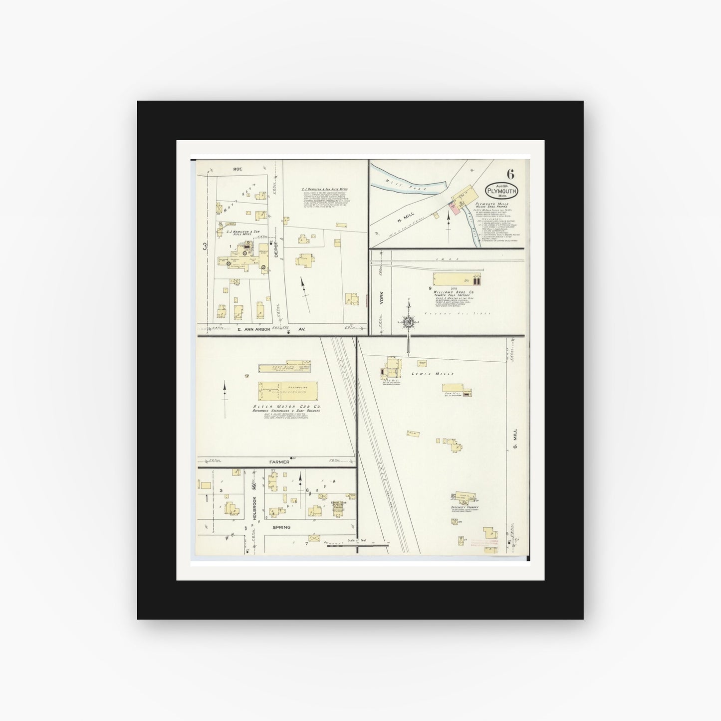 Old map wall art mockup — black gallery frame with white mat — Sanborn Fire Insurance Map from Plymouth, Wayne County, Michigan (1914), Sheet #0006
