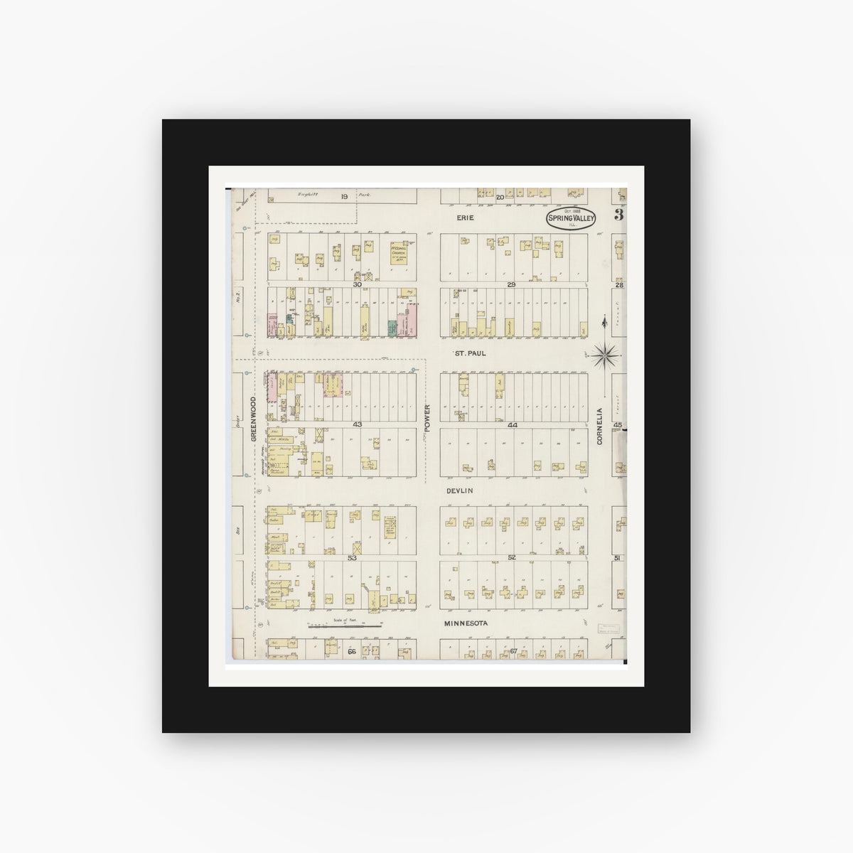 Old map wall art mockup — black gallery frame with white mat — Sanborn Fire Insurance Map from Spring Valley, Bureau County, Illinois (1888), Sheet #0003
