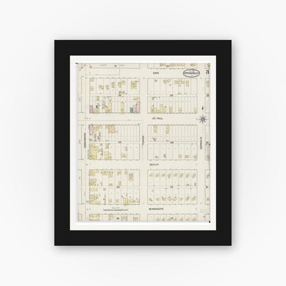 Old map wall art mockup — black gallery frame with white mat — Sanborn Fire Insurance Map from Spring Valley, Bureau County, Illinois (1888), Sheet #0003