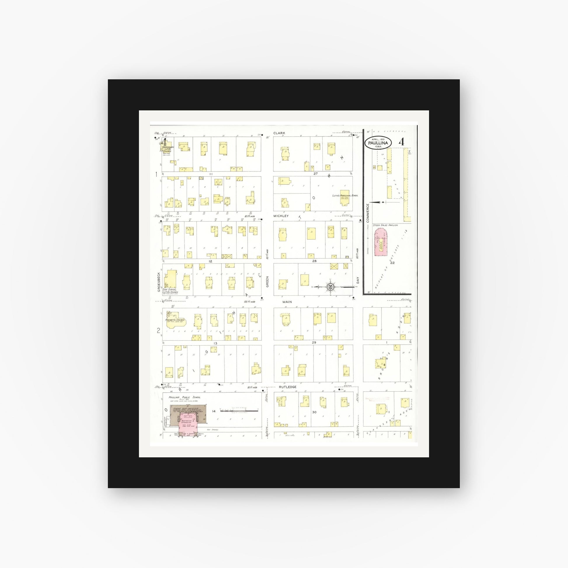 Old map wall art mockup — black gallery frame with white mat — Sanborn Fire Insurance Map from Paullina, O'Brien County, Iowa (1931), Sheet #0004