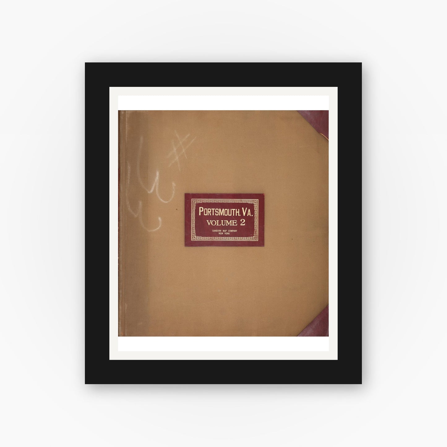 Old map wall art mockup — black gallery frame with white mat — Sanborn Fire Insurance Map from Portsmouth, Independent Cities, Virginia (1950), Sheet #0001