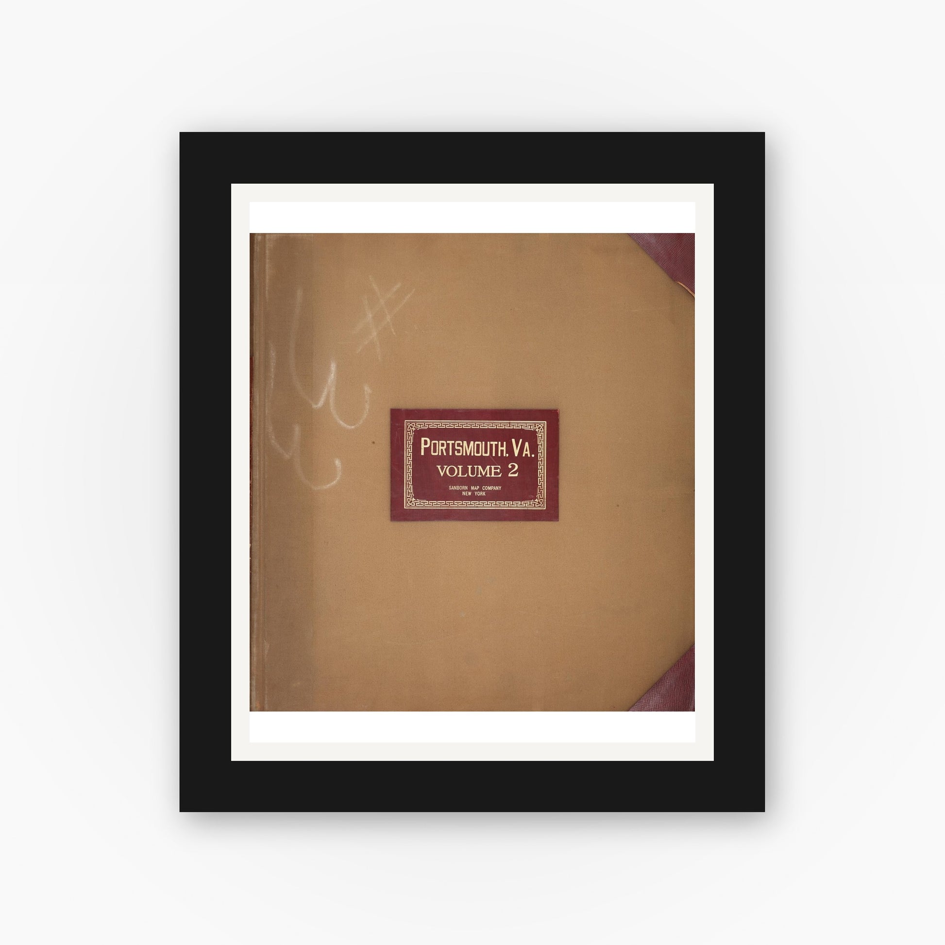 Old map wall art mockup — black gallery frame with white mat — Sanborn Fire Insurance Map from Portsmouth, Independent Cities, Virginia (1950), Sheet #0001