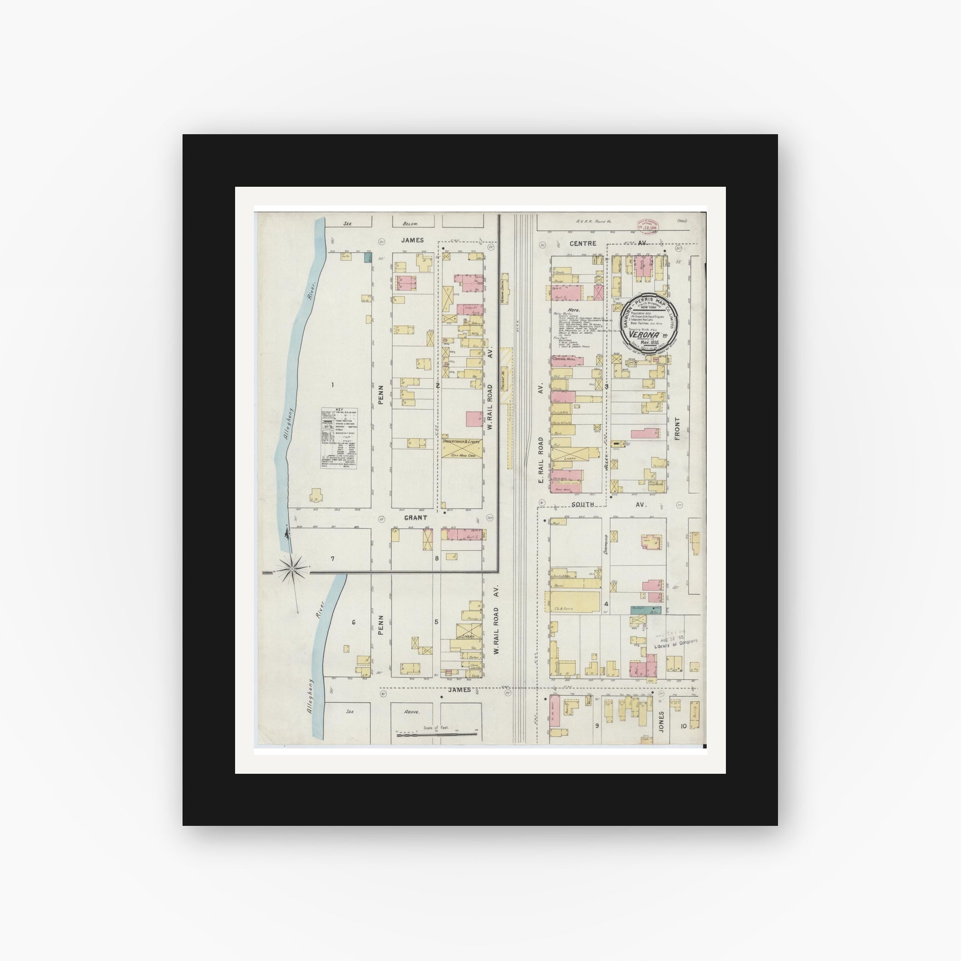 Old map wall art mockup — black gallery frame with white mat — Sanborn Fire Insurance Map from Verona, Allegheny County, Pennsylvania (1895), Sheet #0001