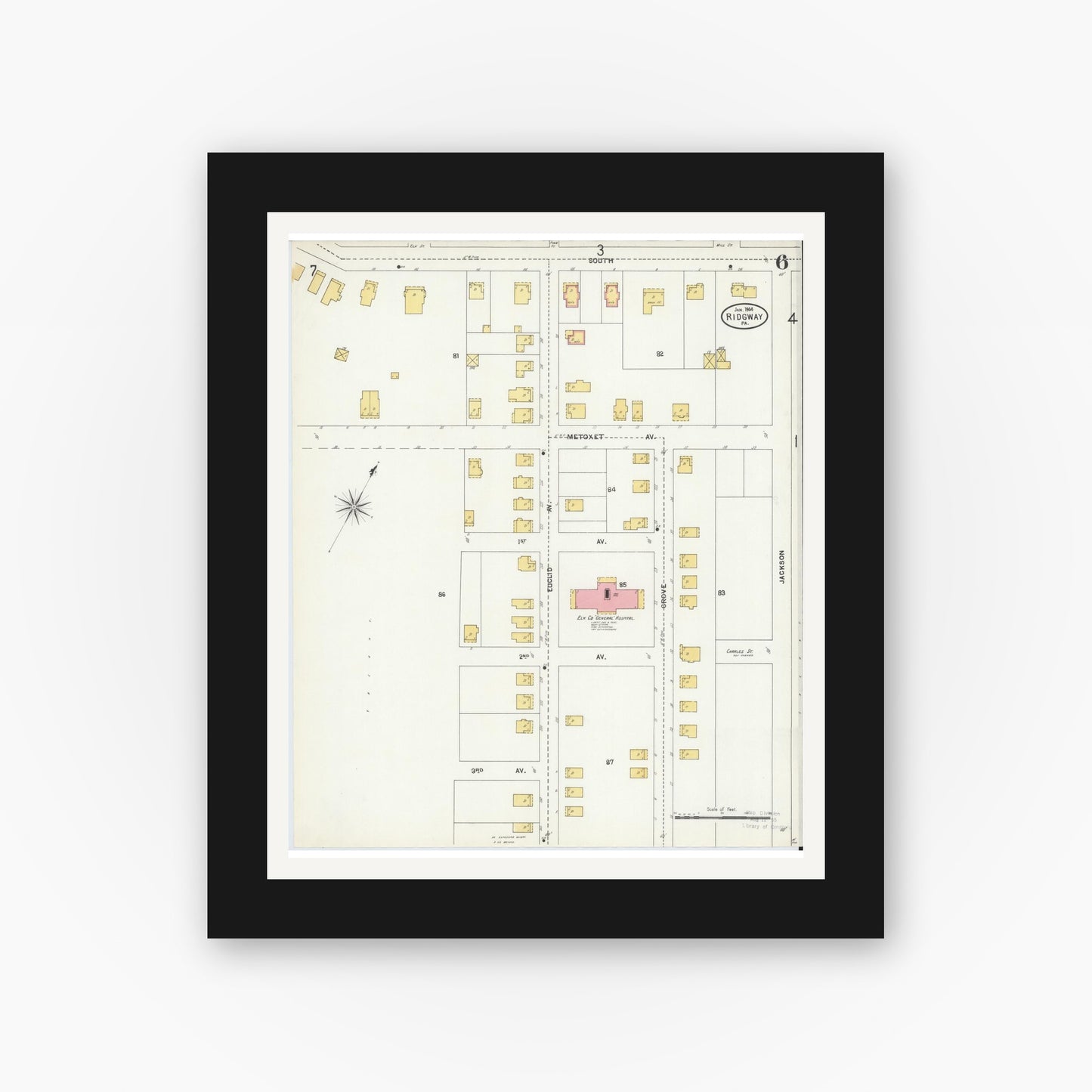 Old map wall art mockup — black gallery frame with white mat — Sanborn Fire Insurance Map from Ridgway, Elk County, Pennsylvania (1904), Sheet #0006