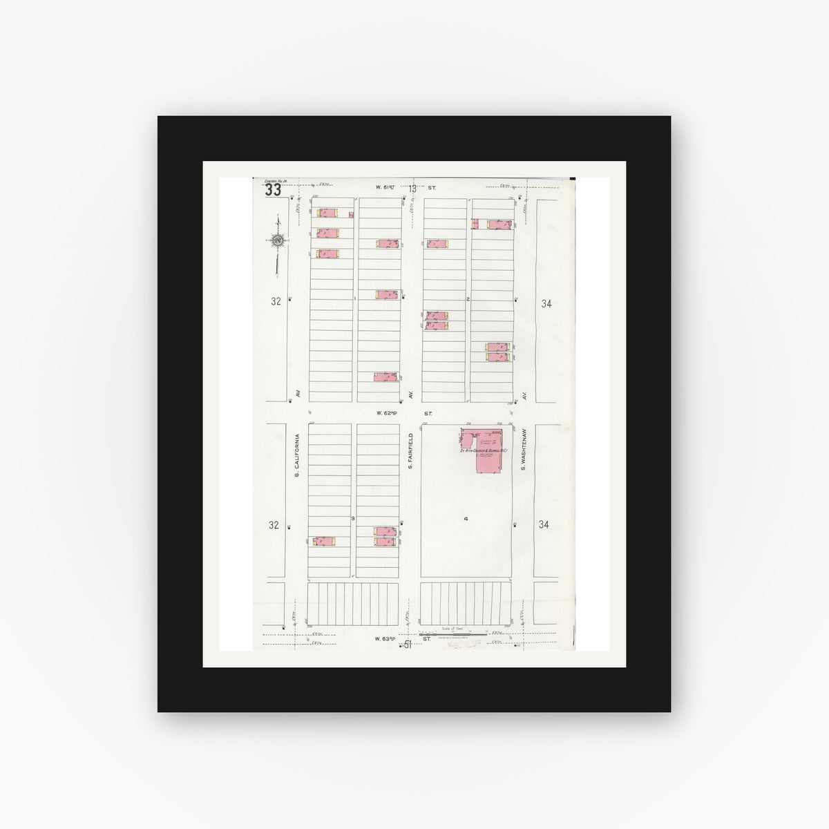 Old map wall art mockup — black gallery frame with white mat — Sanborn Fire Insurance Map from Chicago, Cook County, Illinois (1920), Sheet #0033
