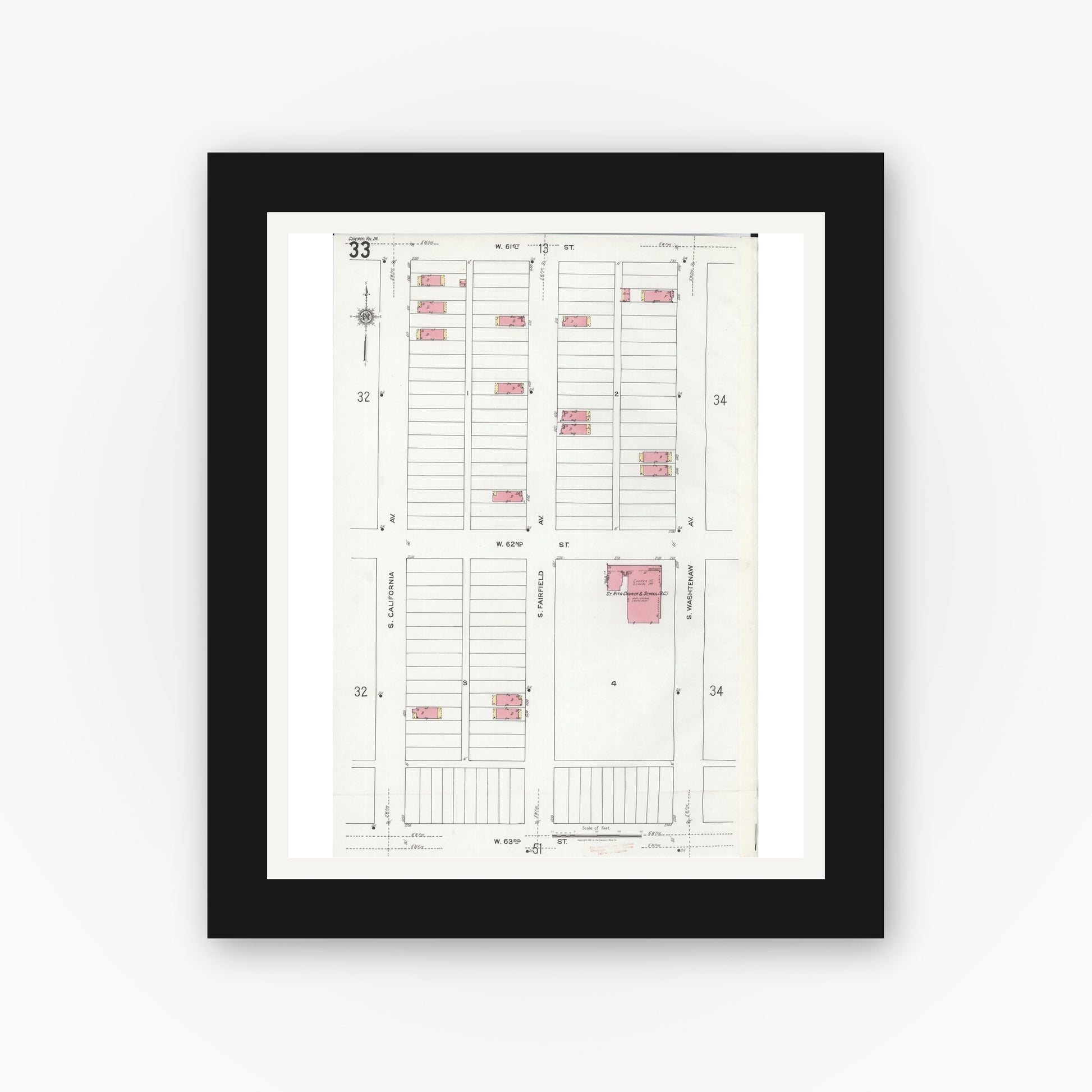 Old map wall art mockup — black gallery frame with white mat — Sanborn Fire Insurance Map from Chicago, Cook County, Illinois (1920), Sheet #0033