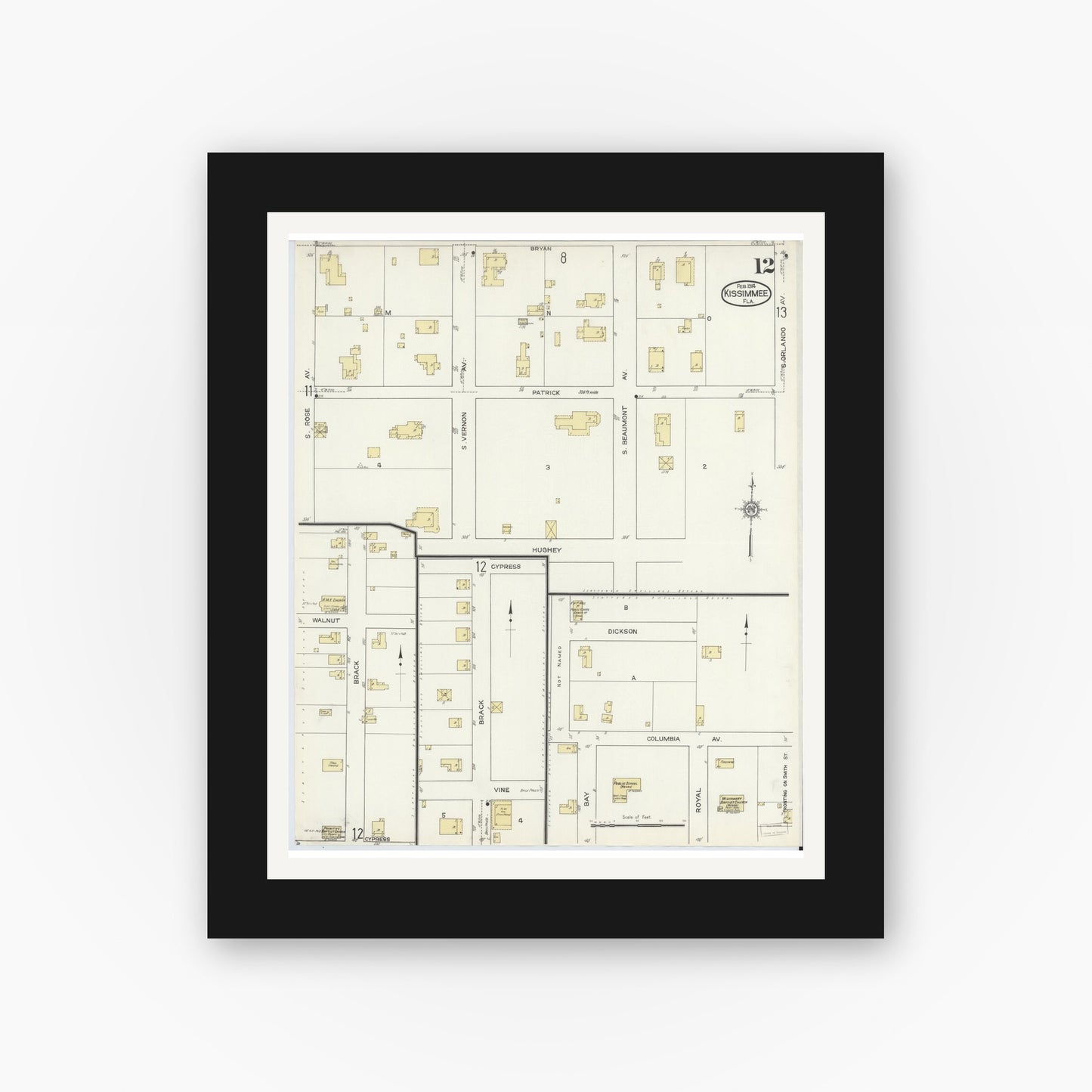 Old map wall art mockup — black gallery frame with white mat — Sanborn Fire Insurance Map from Kissimmee, Osceola County, Florida (1914), Sheet #0012