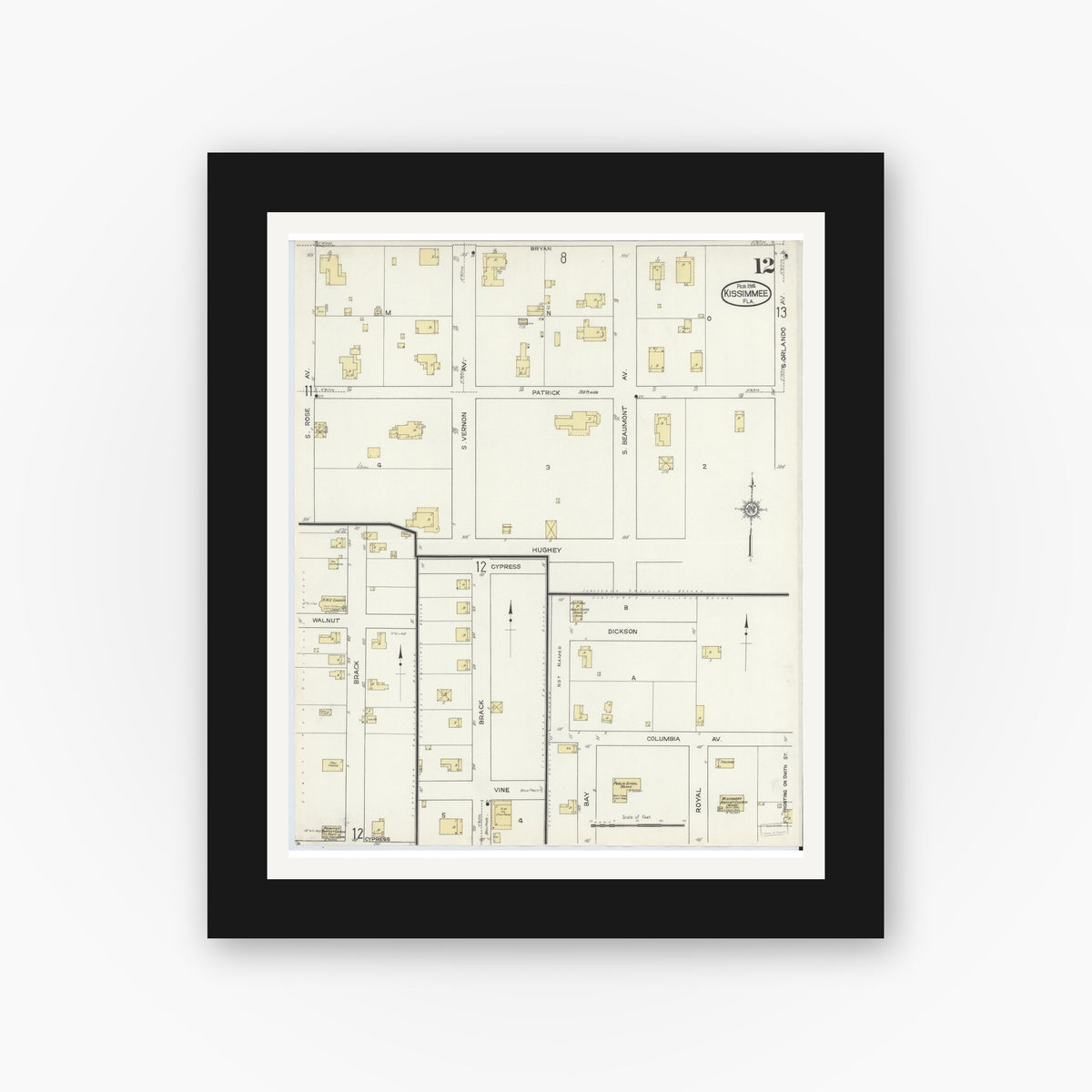 Old map wall art mockup — black gallery frame with white mat — Sanborn Fire Insurance Map from Kissimmee, Osceola County, Florida (1914), Sheet #0012
