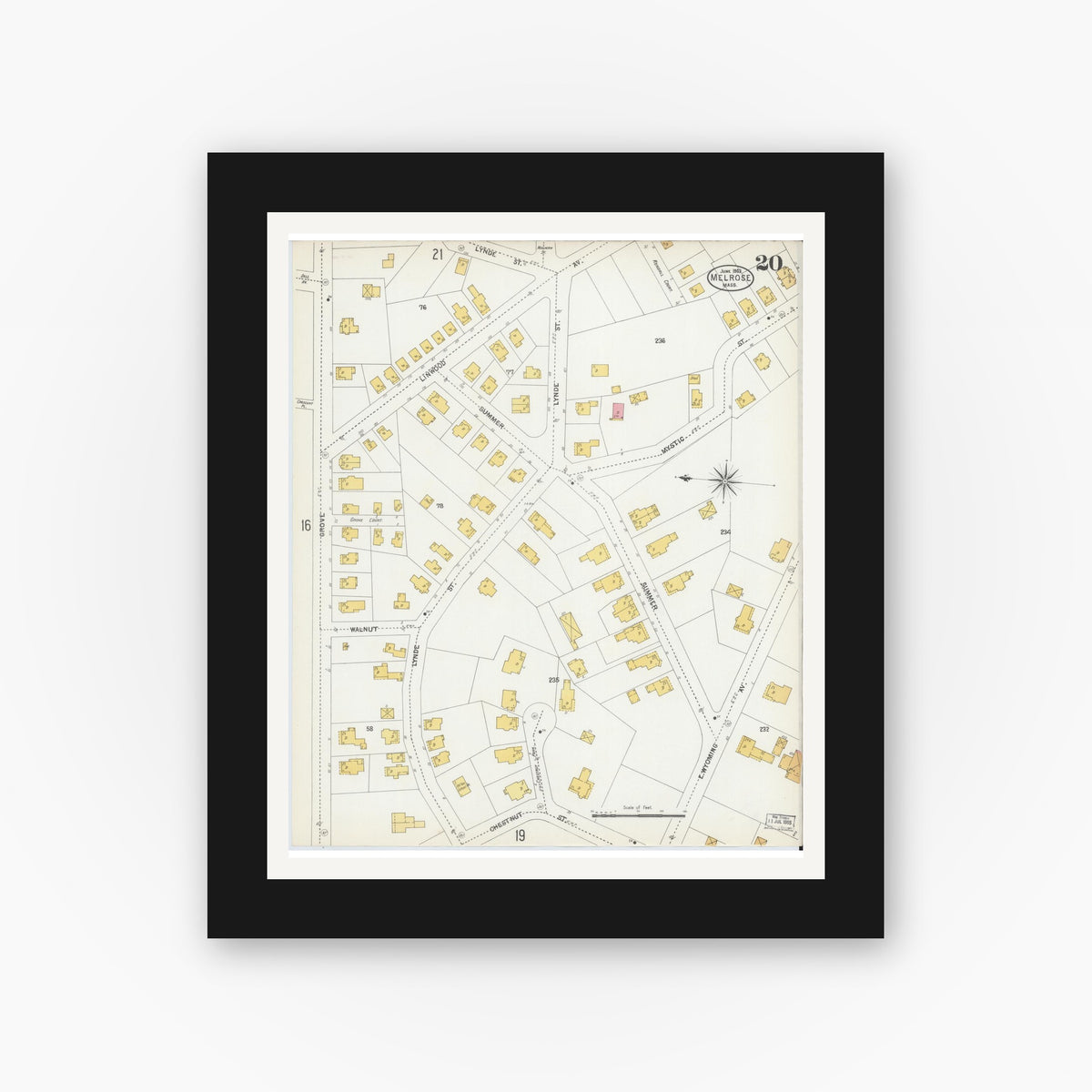 Old map wall art mockup — black gallery frame with white mat — Sanborn Fire Insurance Map from Melrose, Middlesex County, Massachusetts (1903), Sheet #0020
