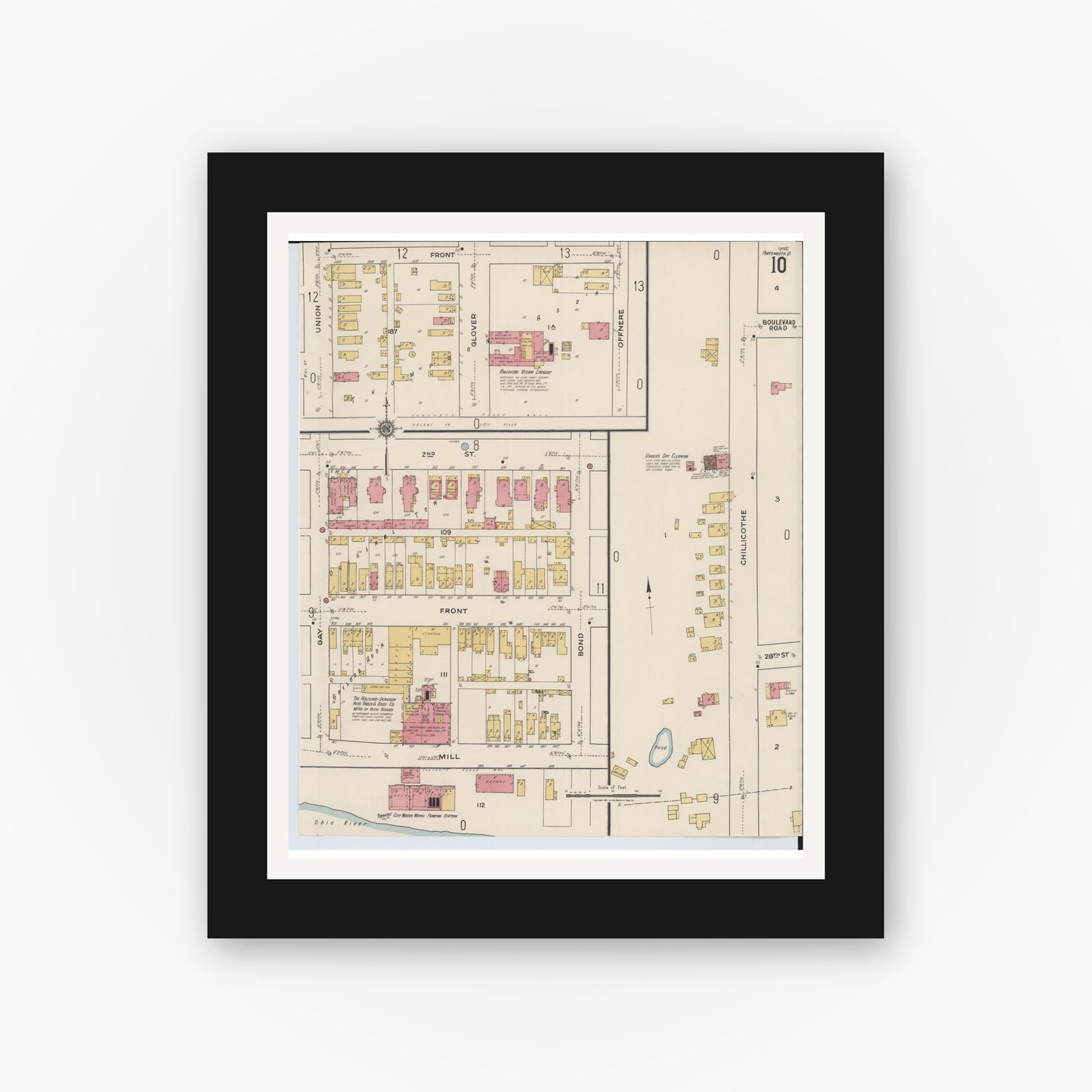 Old map wall art mockup — black gallery frame with white mat — Sanborn Fire Insurance Map from Portsmouth, Scioto County, Ohio (1921), Sheet #0010