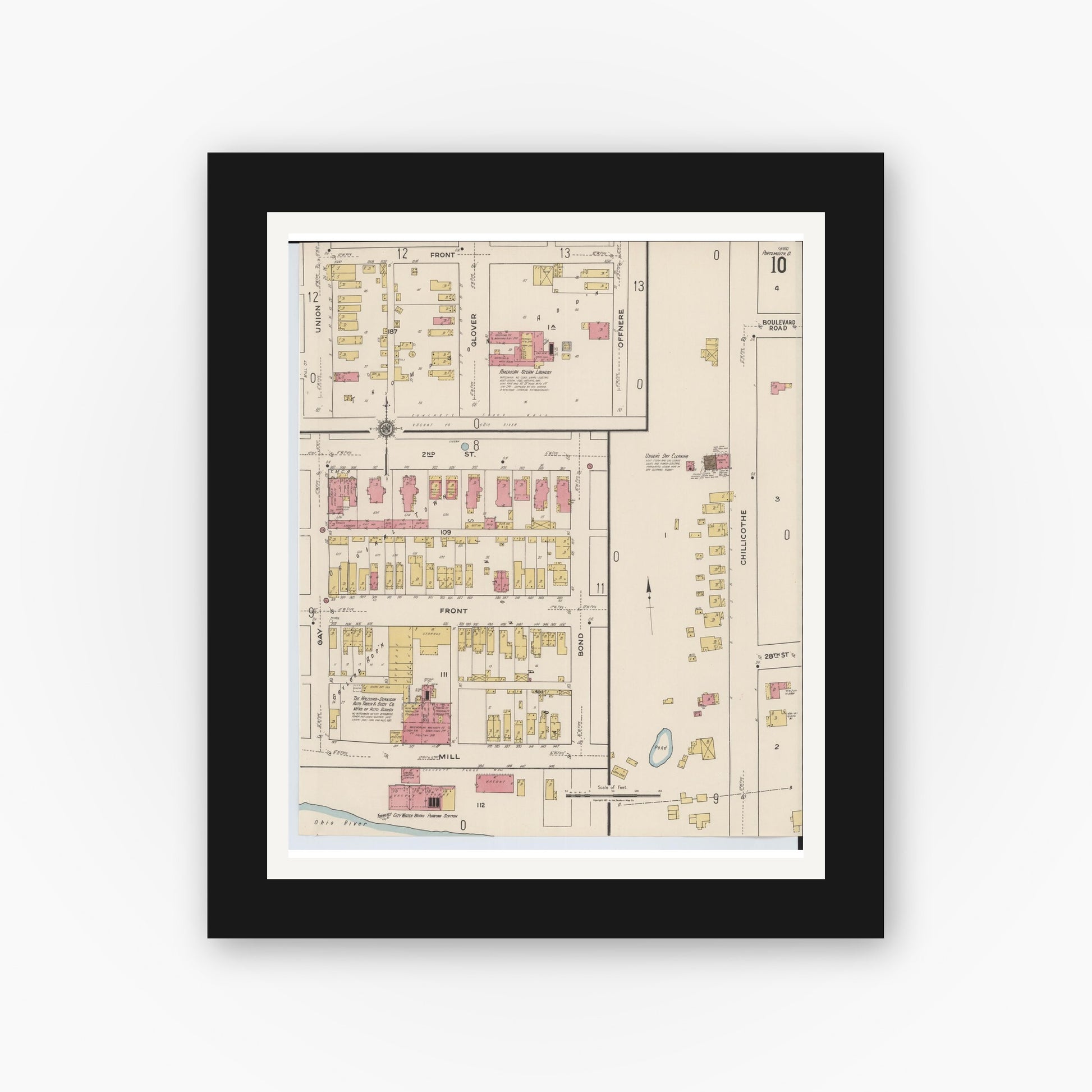 Old map wall art mockup — black gallery frame with white mat — Sanborn Fire Insurance Map from Portsmouth, Scioto County, Ohio (1921), Sheet #0010