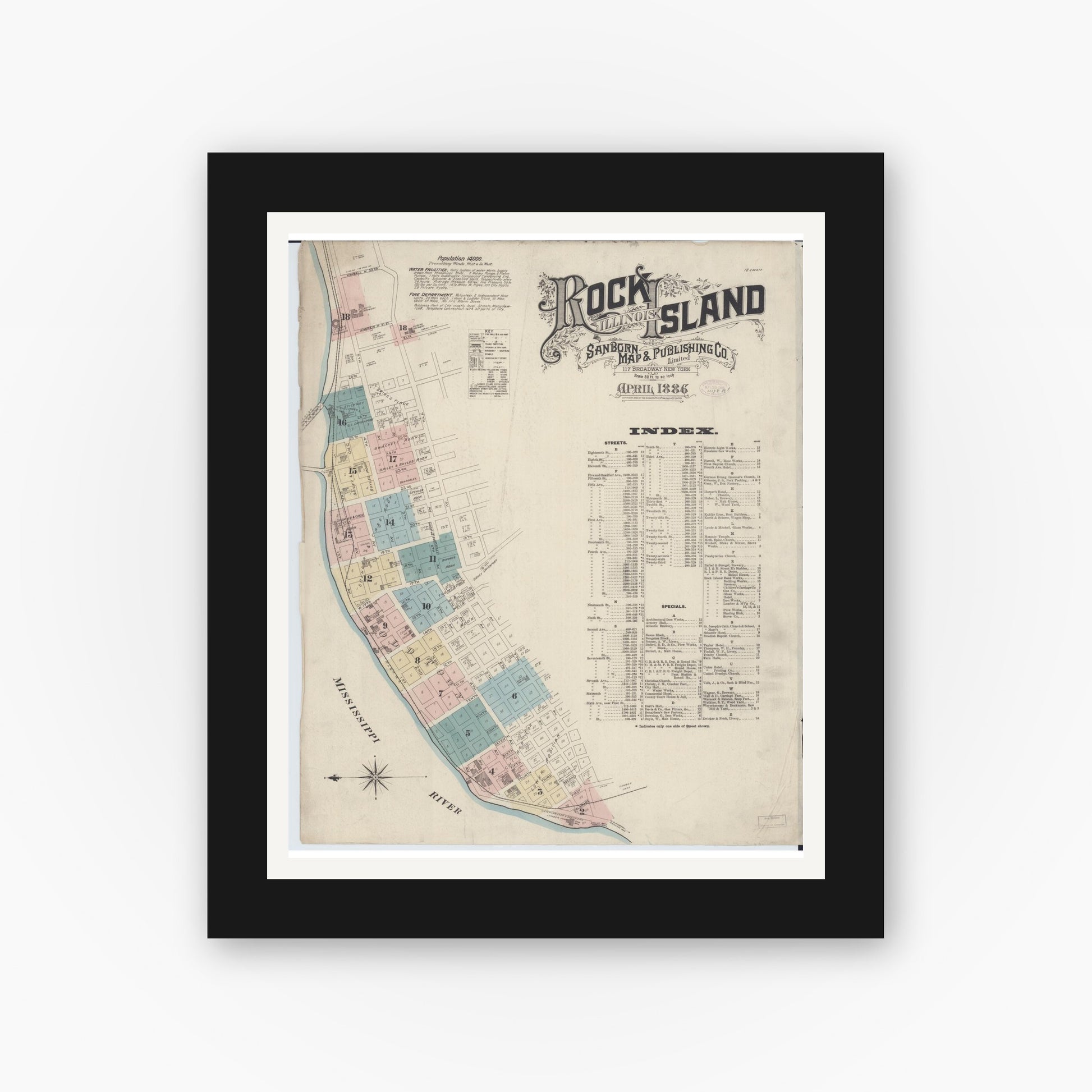 Old map wall art mockup — black gallery frame with white mat — Sanborn Fire Insurance Map from Rock Island, Rock Island County, Illinois (1886), Sheet #0001