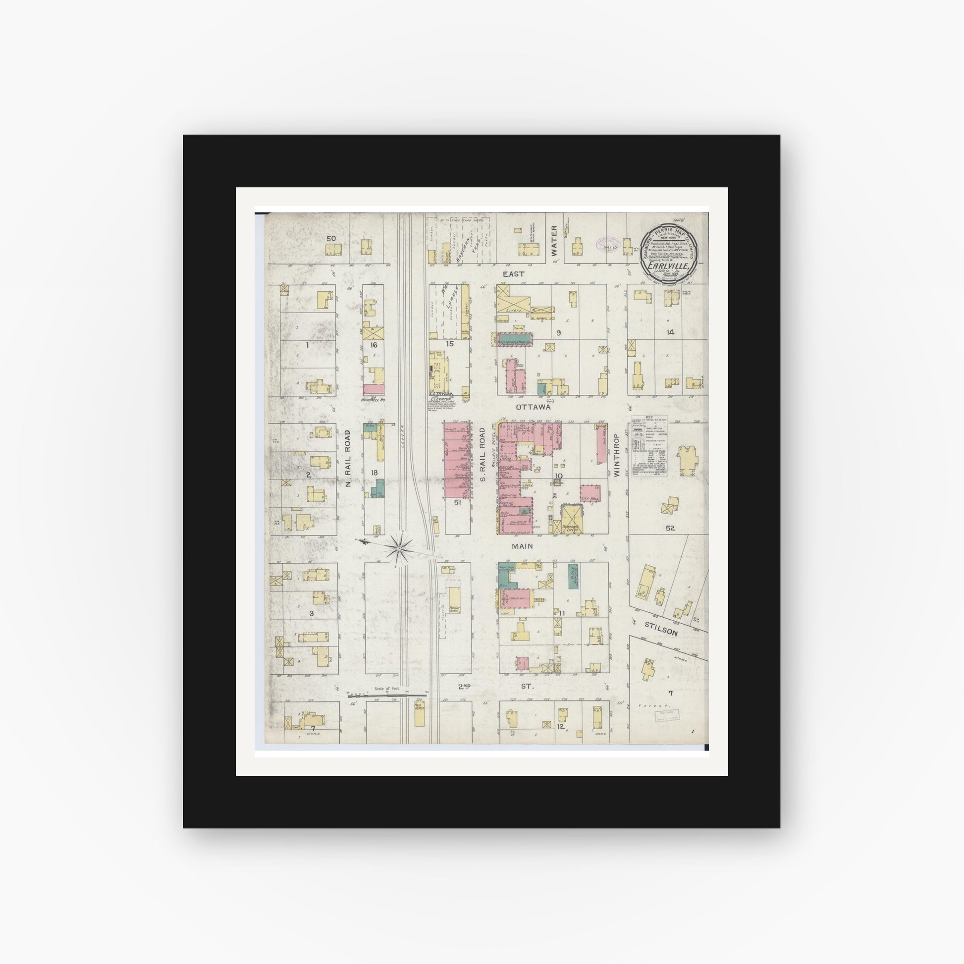 Old map wall art mockup — black gallery frame with white mat — Sanborn Fire Insurance Map from Earlville, La Salle County, Illinois (1893), Sheet #0001