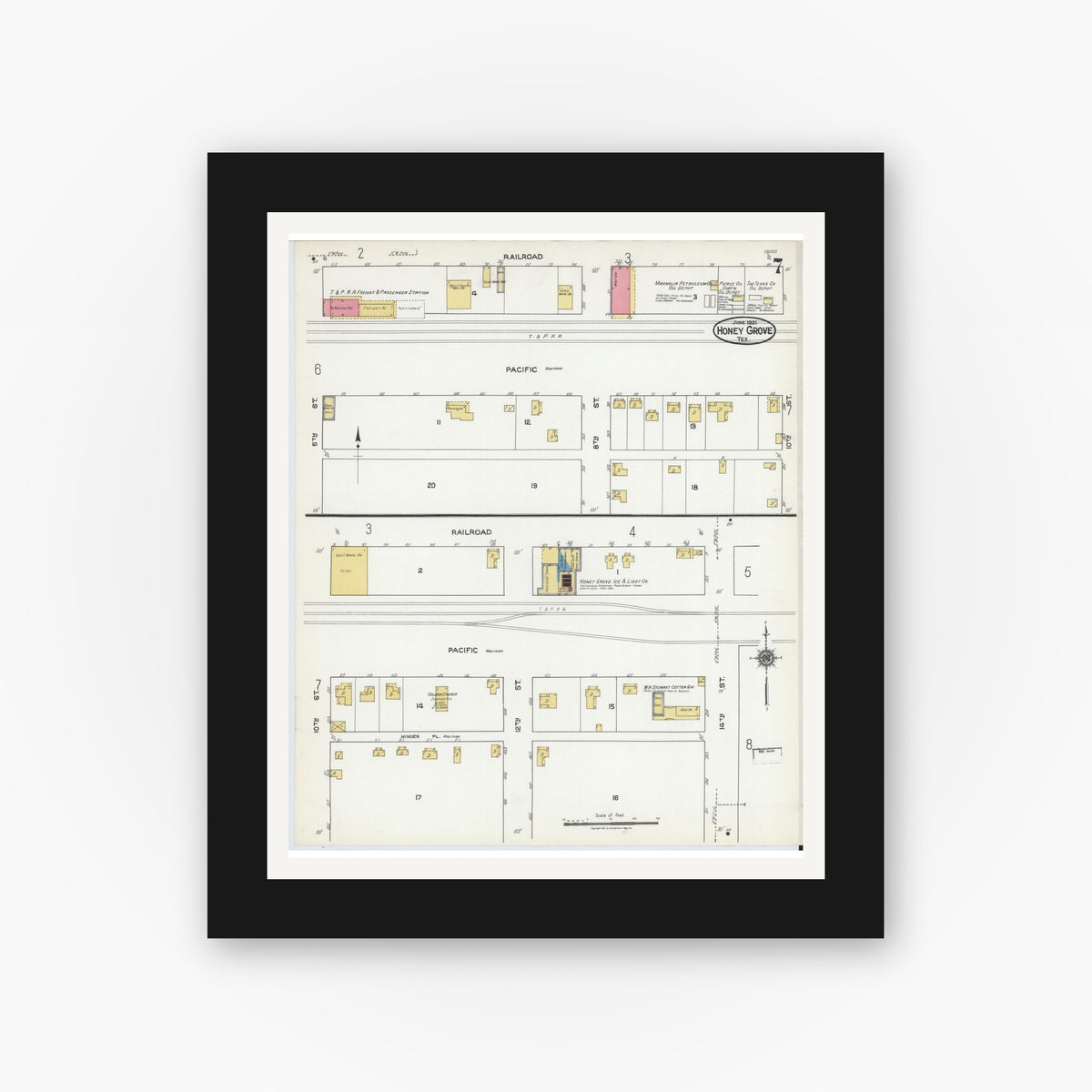 Old map wall art mockup — black gallery frame with white mat — Sanborn Fire Insurance Map from Honey Grove, Fannin County, Texas (1921), Sheet #0007