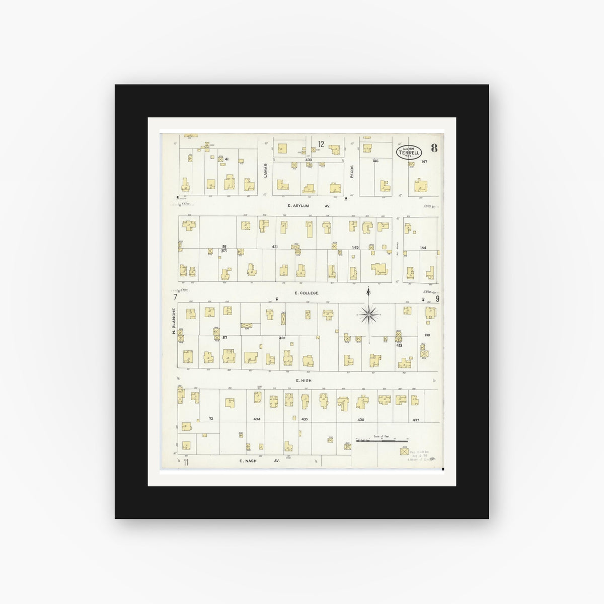 Old map wall art mockup — black gallery frame with white mat — Sanborn Fire Insurance Map from Terrell, Kaufman County, Texas (1909), Sheet #0008