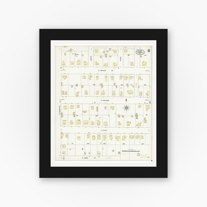 Old map wall art mockup — black gallery frame with white mat — Sanborn Fire Insurance Map from Terrell, Kaufman County, Texas (1909), Sheet #0008