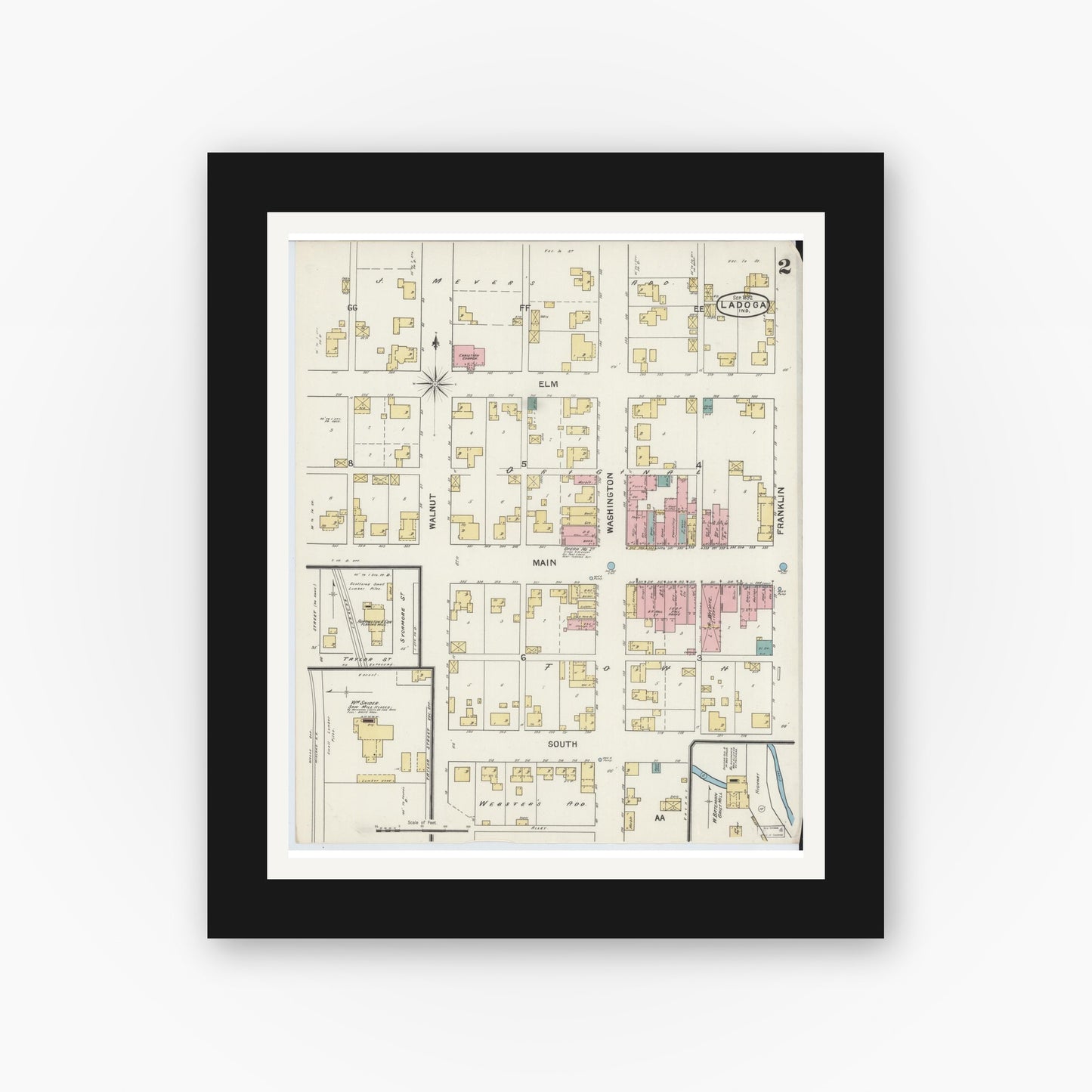 Old map wall art mockup — black gallery frame with white mat — Sanborn Fire Insurance Map from Ladoga, Montgomery County, Indiana (1892), Sheet #0002