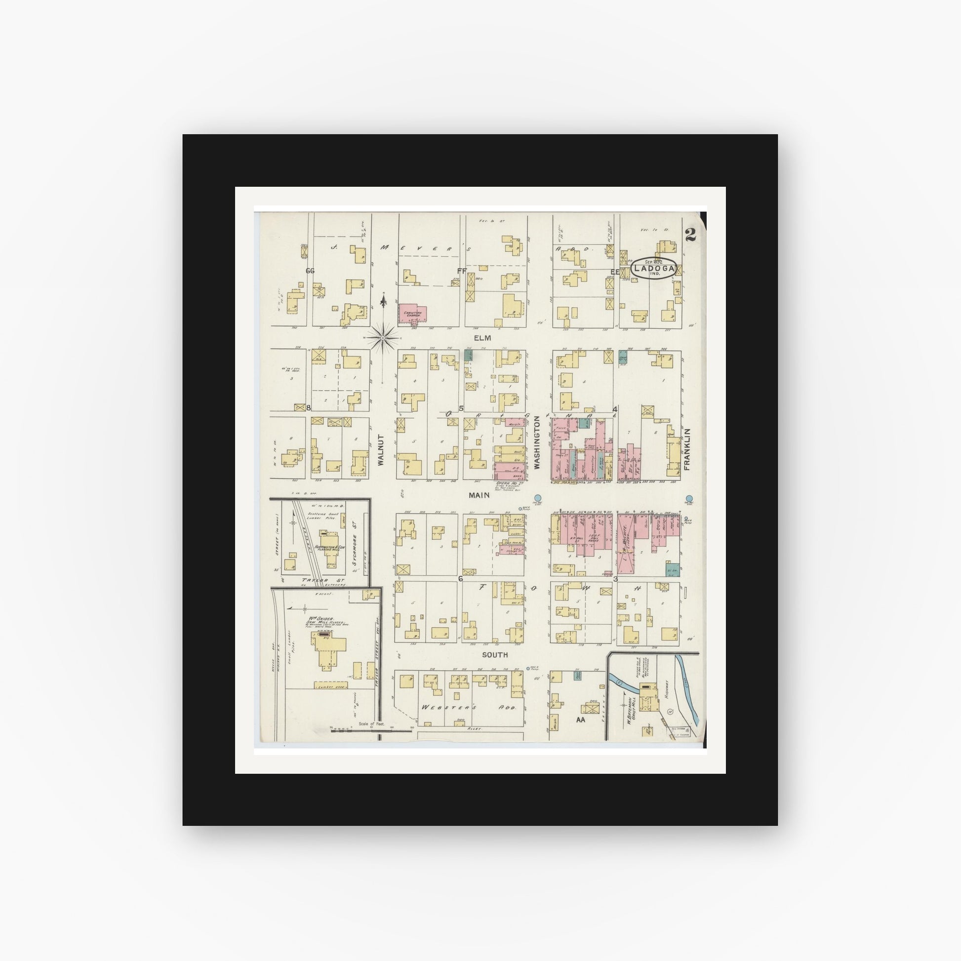 Old map wall art mockup — black gallery frame with white mat — Sanborn Fire Insurance Map from Ladoga, Montgomery County, Indiana (1892), Sheet #0002