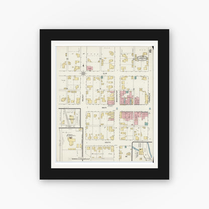 Old map wall art mockup — black gallery frame with white mat — Sanborn Fire Insurance Map from Ladoga, Montgomery County, Indiana (1892), Sheet #0002