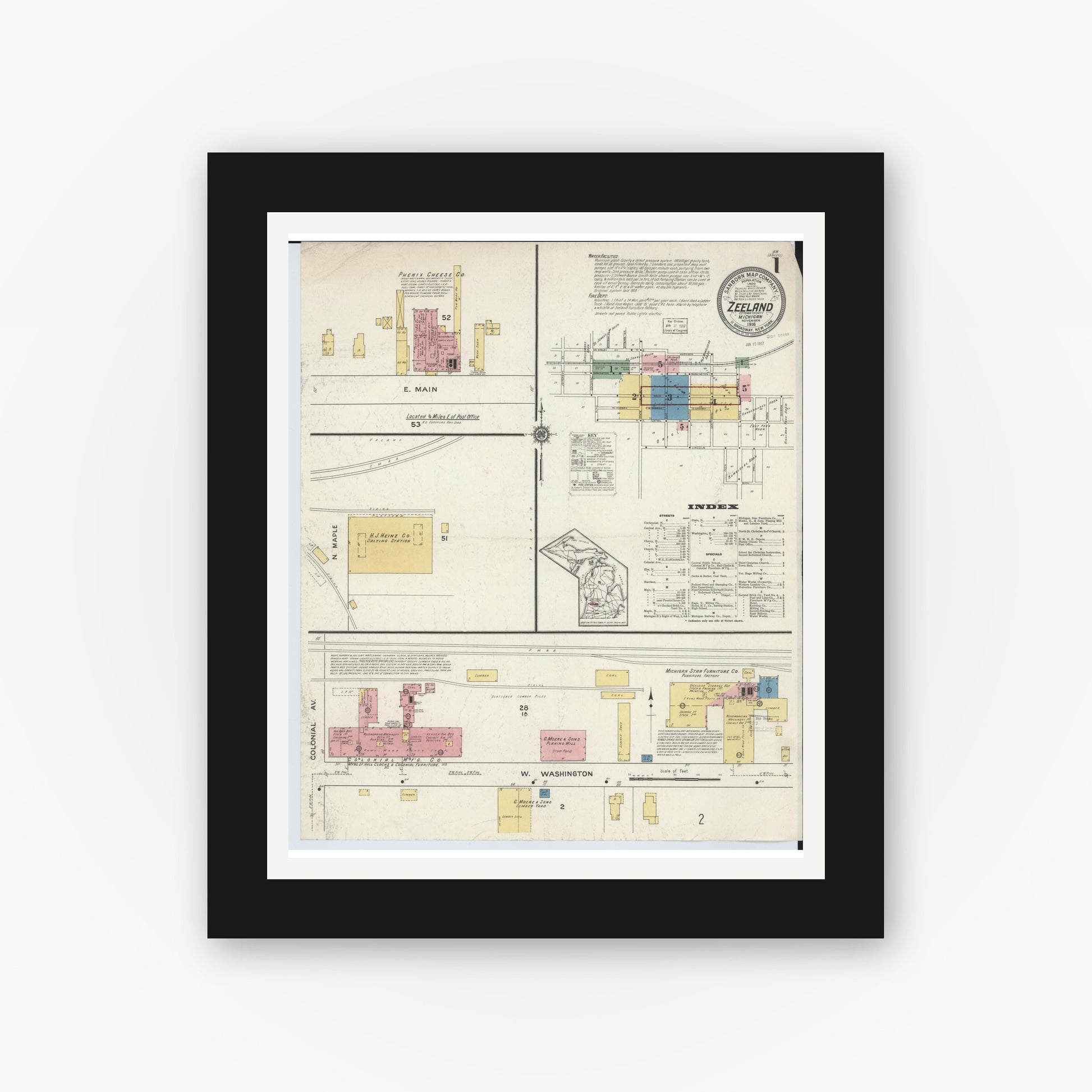 Old map wall art mockup — black gallery frame with white mat — Sanborn Fire Insurance Map from Zeeland, Ottawa County, Michigan (1916) - Complete Map Set