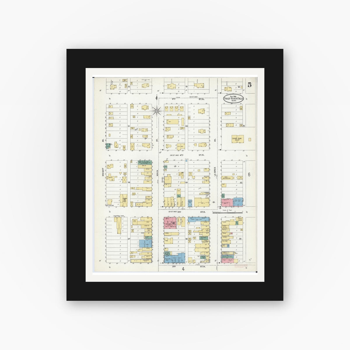 Old map wall art mockup — black gallery frame with white mat — Sanborn Fire Insurance Map from Thief River Falls, Pennington County, Minnesota (1906), Sheet #0005