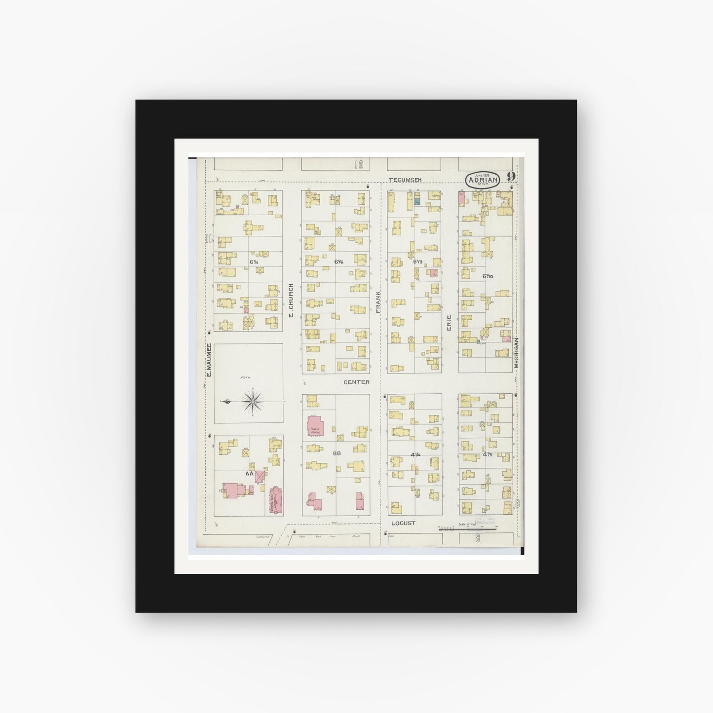 Old map wall art mockup — black gallery frame with white mat — Sanborn Fire Insurance Map from Adrian, Lenawee County, Michigan (1893), Sheet #0009