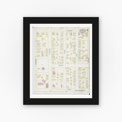 Old map wall art mockup — black gallery frame with white mat — Sanborn Fire Insurance Map from Adrian, Lenawee County, Michigan (1893), Sheet #0009