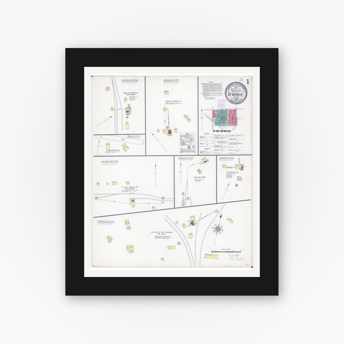 Old map wall art mockup — black gallery frame with white mat — Sanborn Fire Insurance Map from Biwabik, Saint Louis County, Minnesota (1906) - Complete Map Set