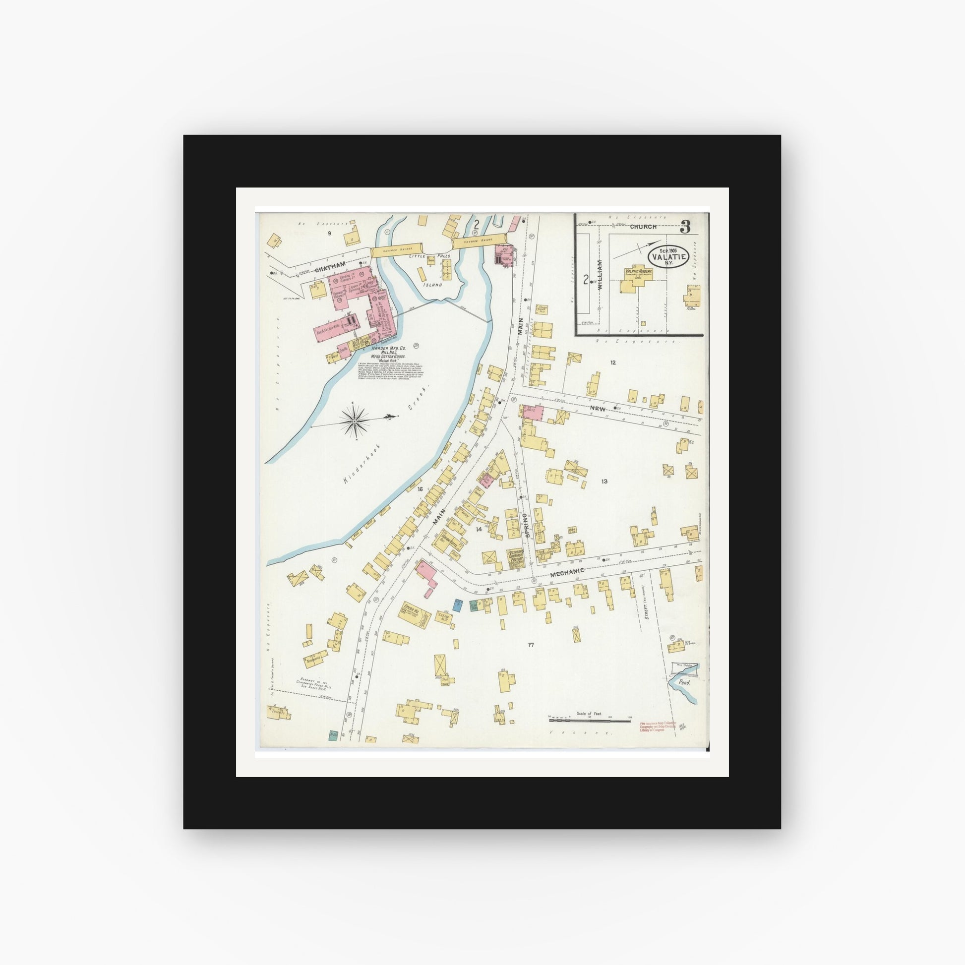 Old map wall art mockup — black gallery frame with white mat — Sanborn Fire Insurance Map from Valatie, Columbia County, New York (1905), Sheet #0003