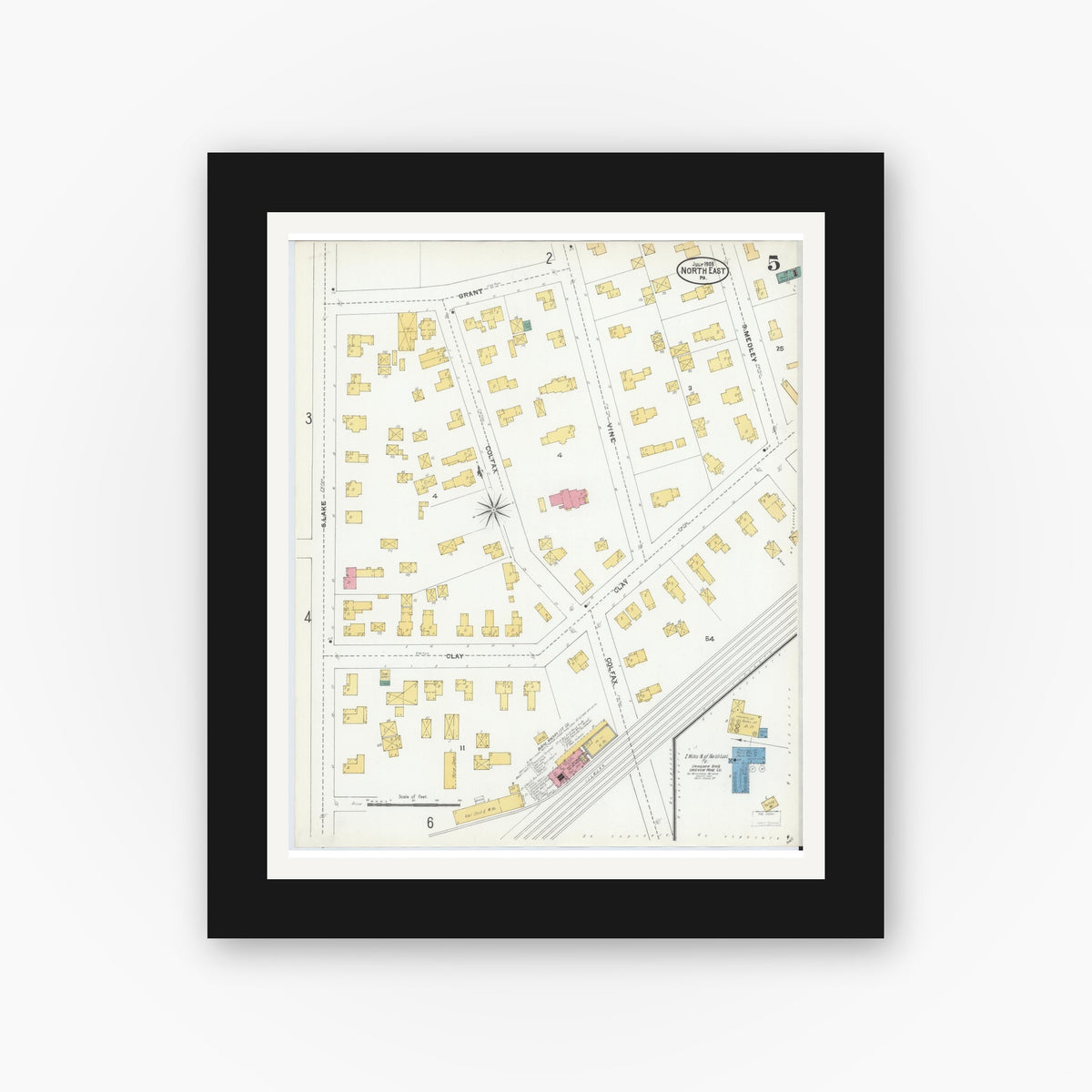 Old map wall art mockup — black gallery frame with white mat — Sanborn Fire Insurance Map from North East, Erie County, Pennsylvania (1905), Sheet #0005