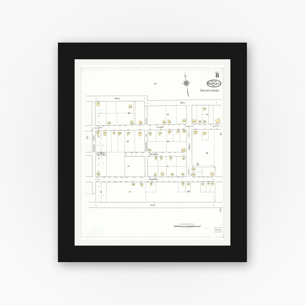 Old map wall art mockup — black gallery frame with white mat — Sanborn Fire Insurance Map from Bartlett, Bell and Williamson Counties, Texas (1921), Sheet #0008