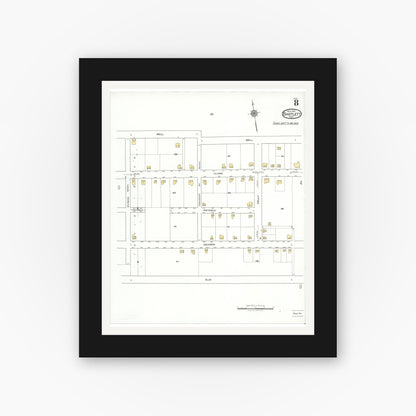 Old map wall art mockup — black gallery frame with white mat — Sanborn Fire Insurance Map from Bartlett, Bell and Williamson Counties, Texas (1921), Sheet #0008