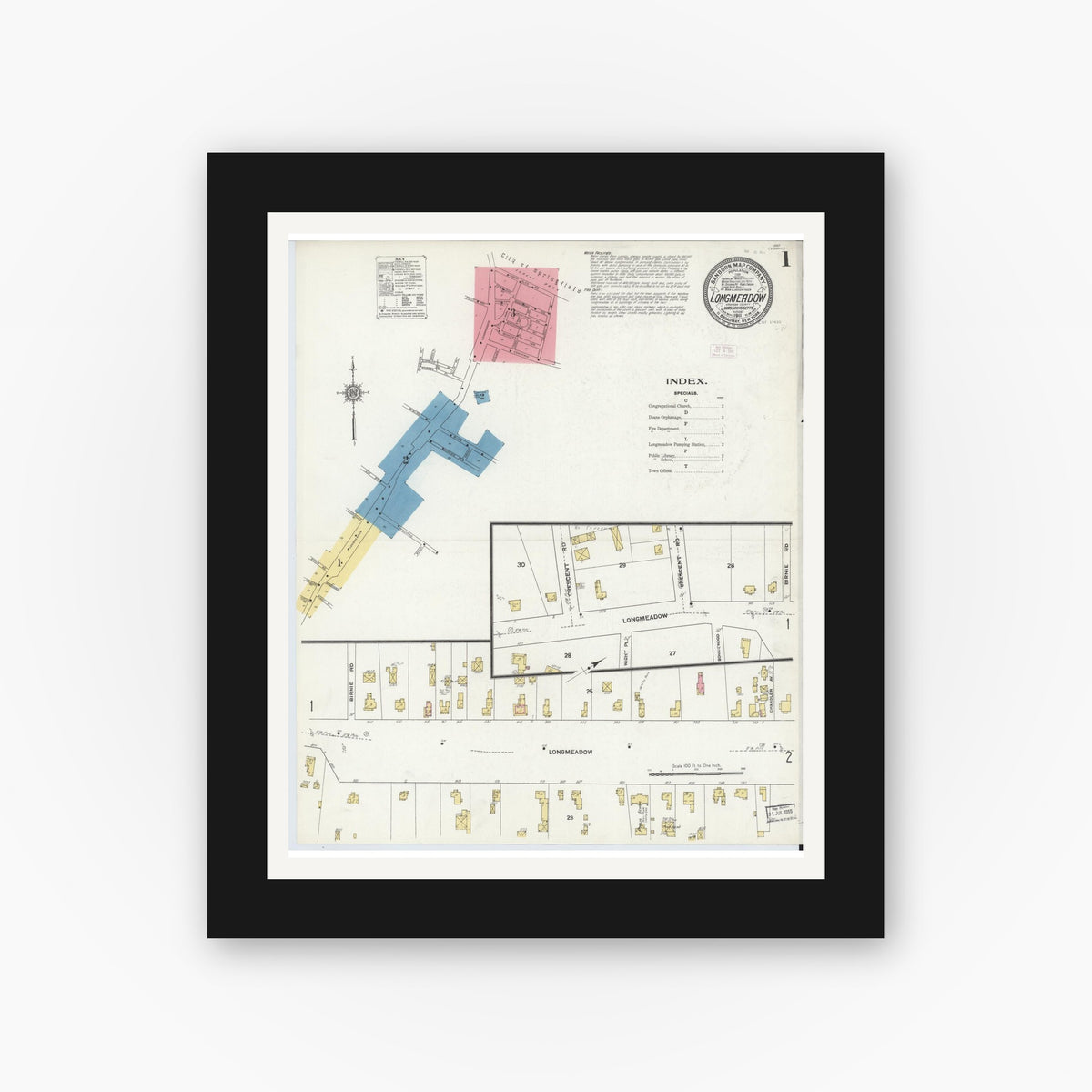 Old map wall art mockup — black gallery frame with white mat — Sanborn Fire Insurance Map from Longmeadow, Hampden County, Massachusetts (1911), Sheet #0001