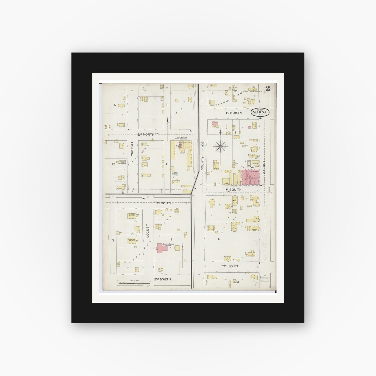Old map wall art mockup — black gallery frame with white mat — Sanborn Fire Insurance Map from Maroa, Macon County, Illinois (1893), Sheet #0002