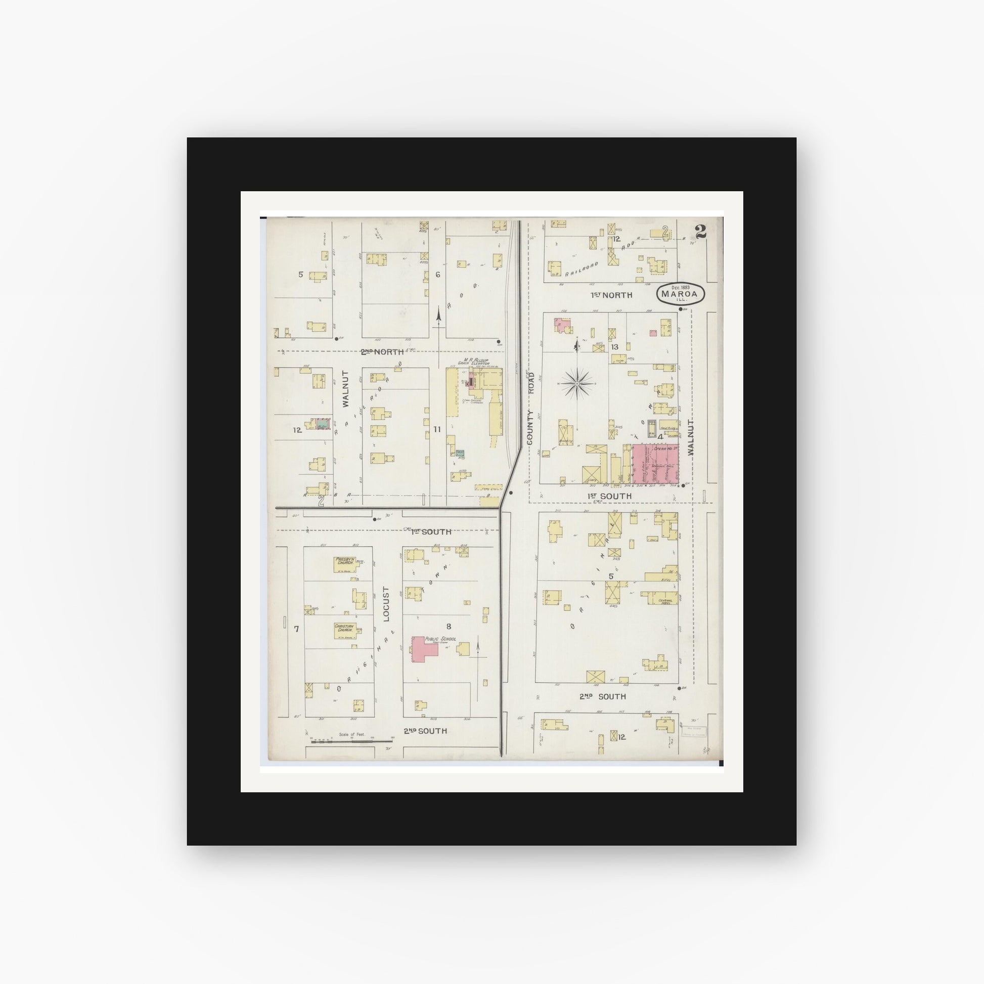 Old map wall art mockup — black gallery frame with white mat — Sanborn Fire Insurance Map from Maroa, Macon County, Illinois (1893), Sheet #0002
