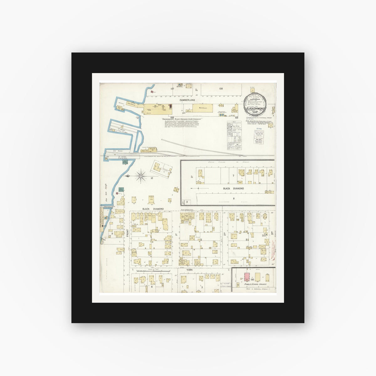 Old map wall art mockup — black gallery frame with white mat — Sanborn Fire Insurance Map from Black Diamond, Contra Costa, California (1900), Sheet #0001