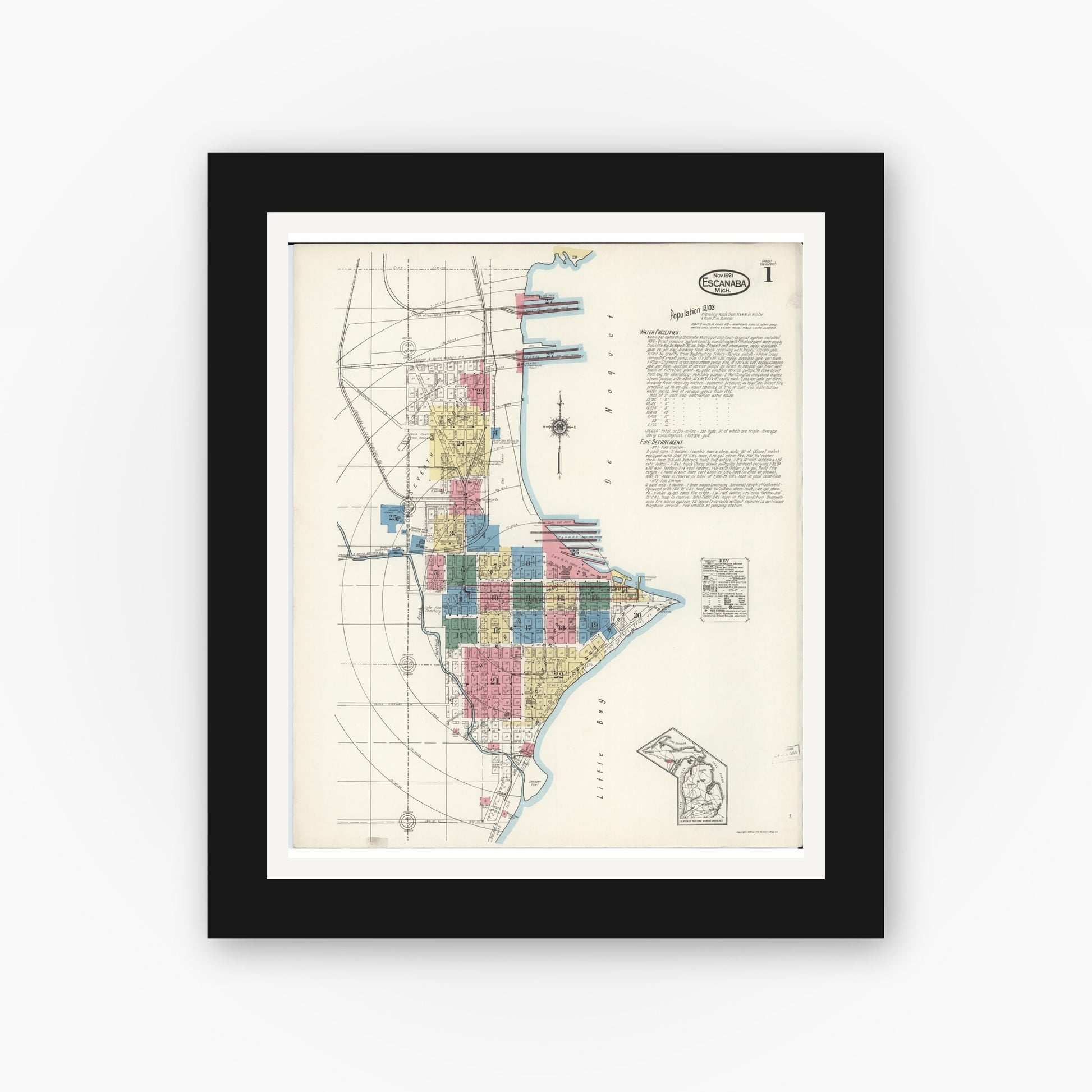 Old map wall art mockup — black gallery frame with white mat — Sanborn Fire Insurance Map from Escanaba, Delta County, Michigan (1921), Sheet #0001