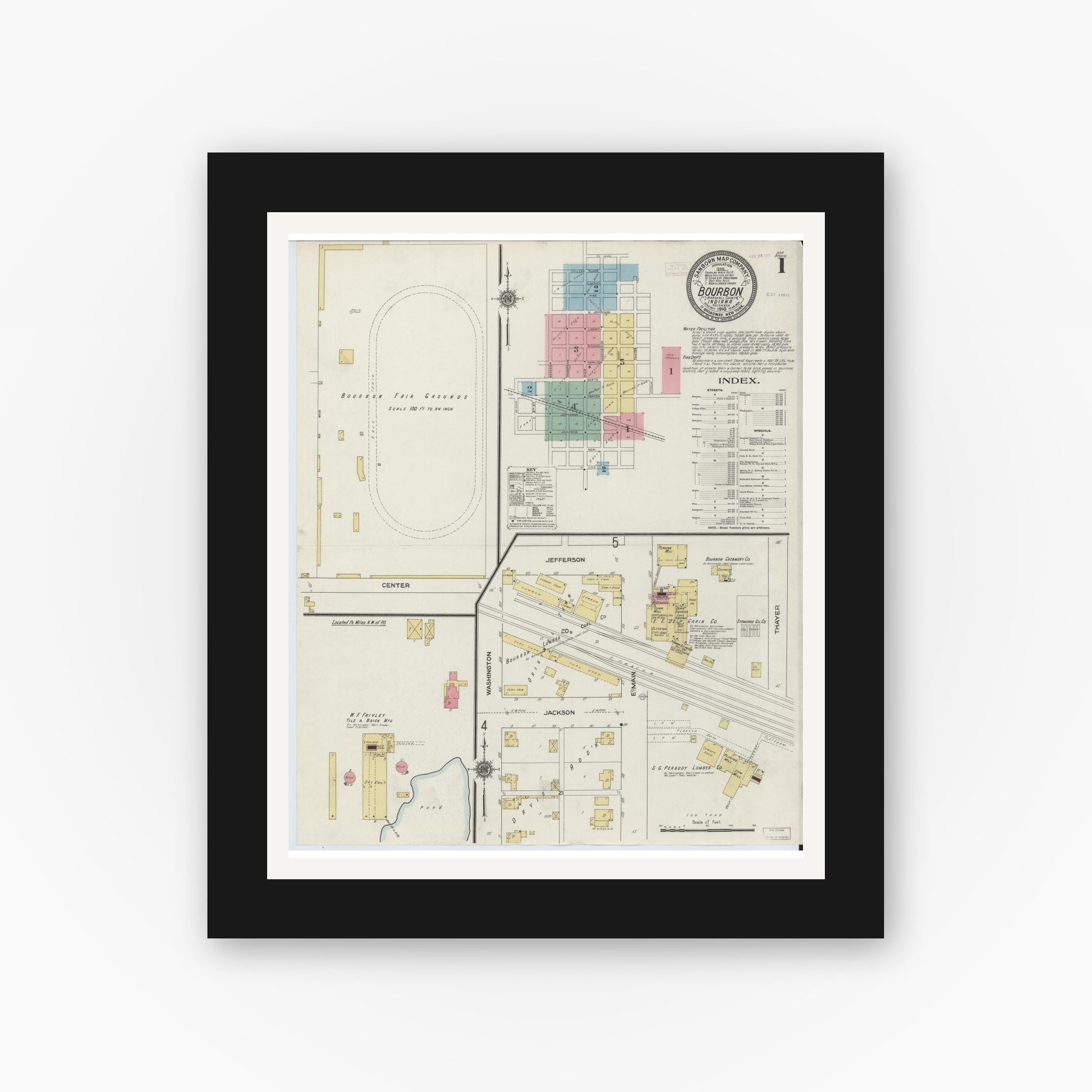 Old map wall art mockup — black gallery frame with white mat — Sanborn Fire Insurance Map from Bourbon, Marshall County, Indiana (1910) - Complete Map Set