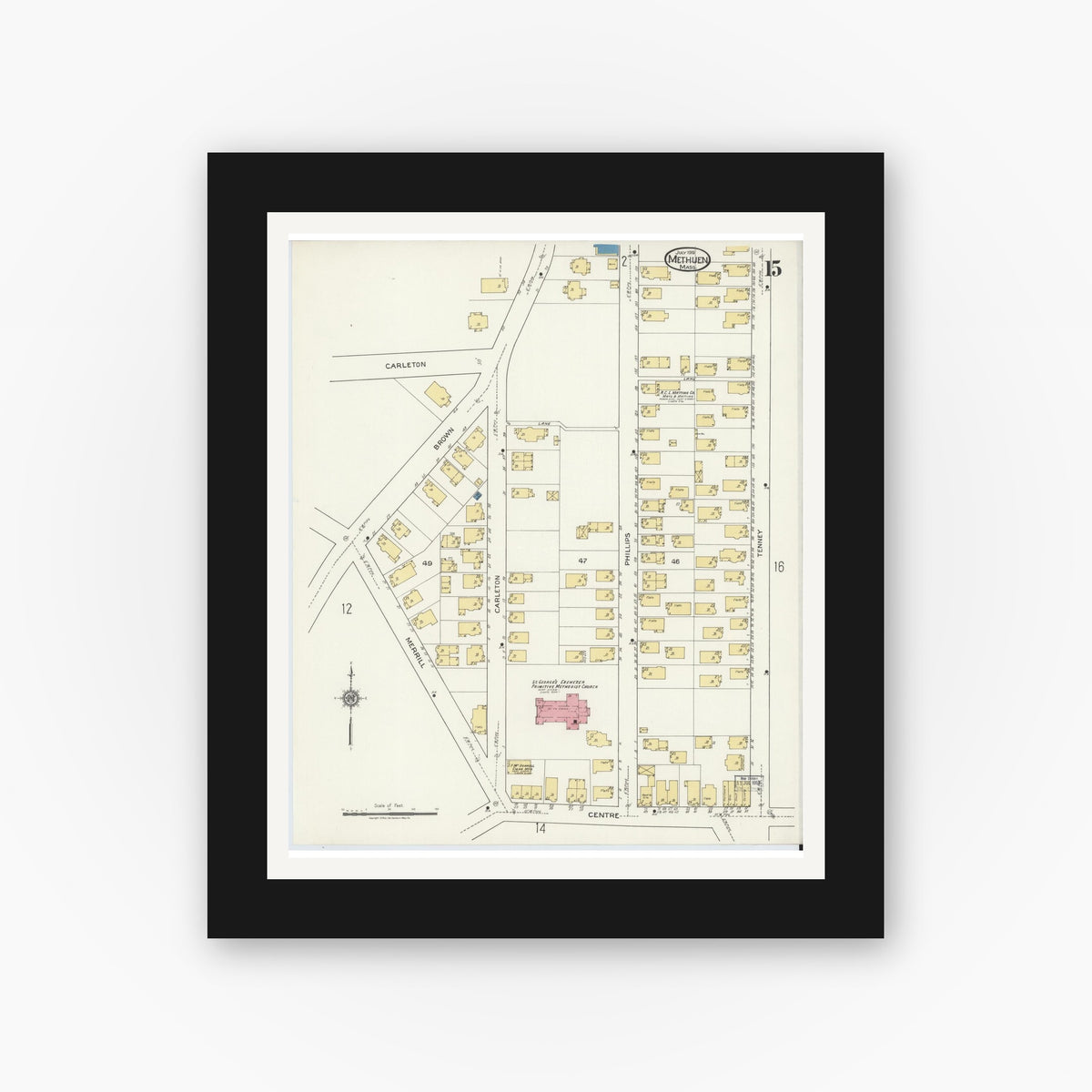 Old map wall art mockup — black gallery frame with white mat — Sanborn Fire Insurance Map from Methuen, Essex County, Massachusetts (1919), Sheet #0015