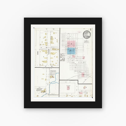 Old map wall art mockup — black gallery frame with white mat — Sanborn Fire Insurance Map from Centerville, Appanoose County, Iowa (1888), Sheet #0001